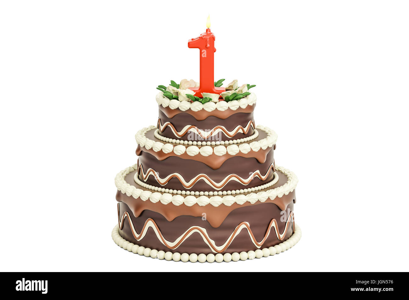 Gâteau au chocolat avec une bougie numéro 1, 3D Rendering isolé sur fond blanc Banque D'Images