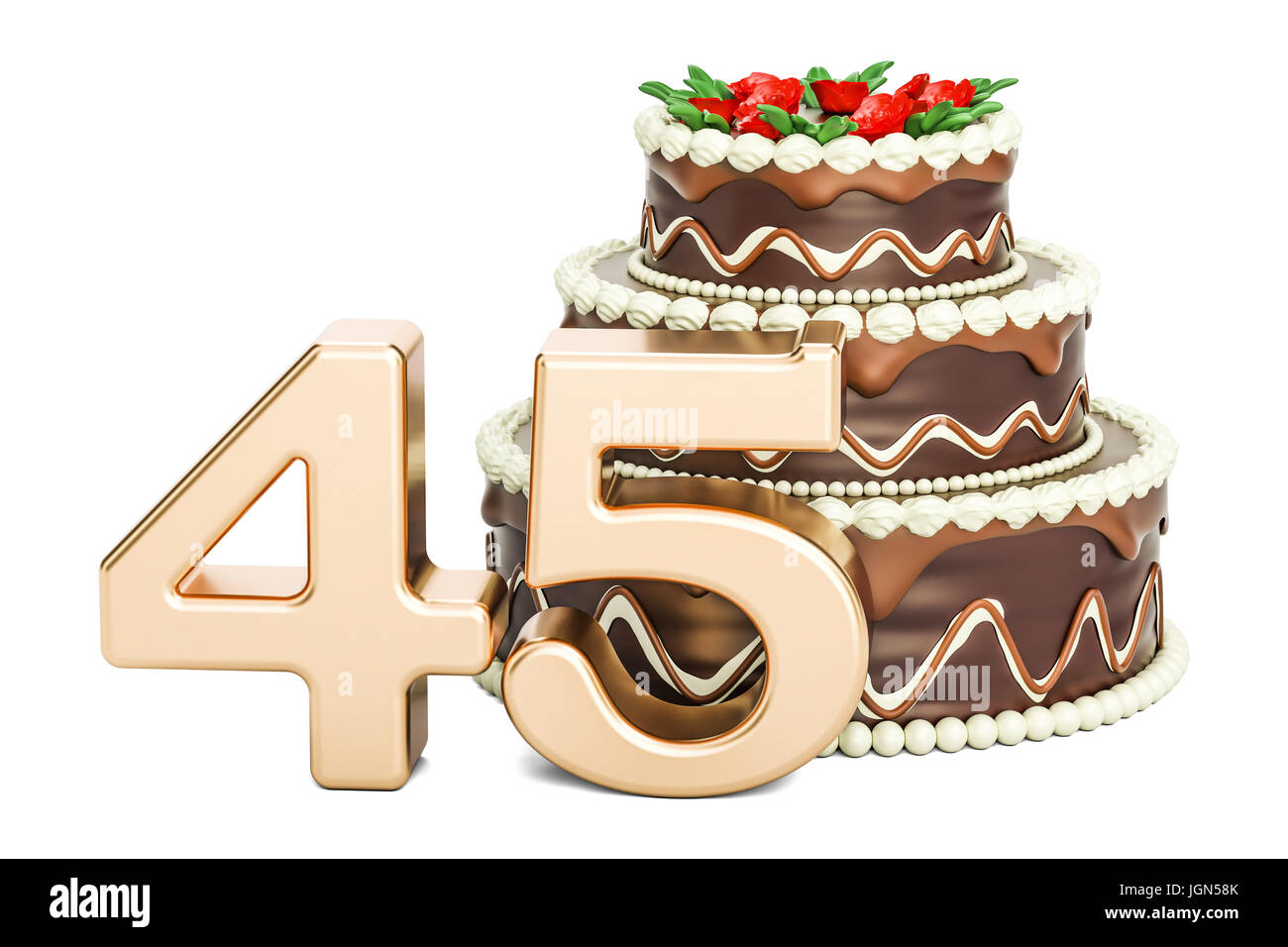 Gâteau au chocolat avec nombre d'or 45, 3D Rendering isolé sur fond blanc Banque D'Images