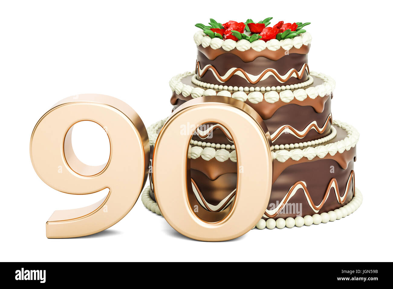 Gâteau au chocolat avec nombre d'or 90, 3D Rendering isolé sur fond blanc Banque D'Images