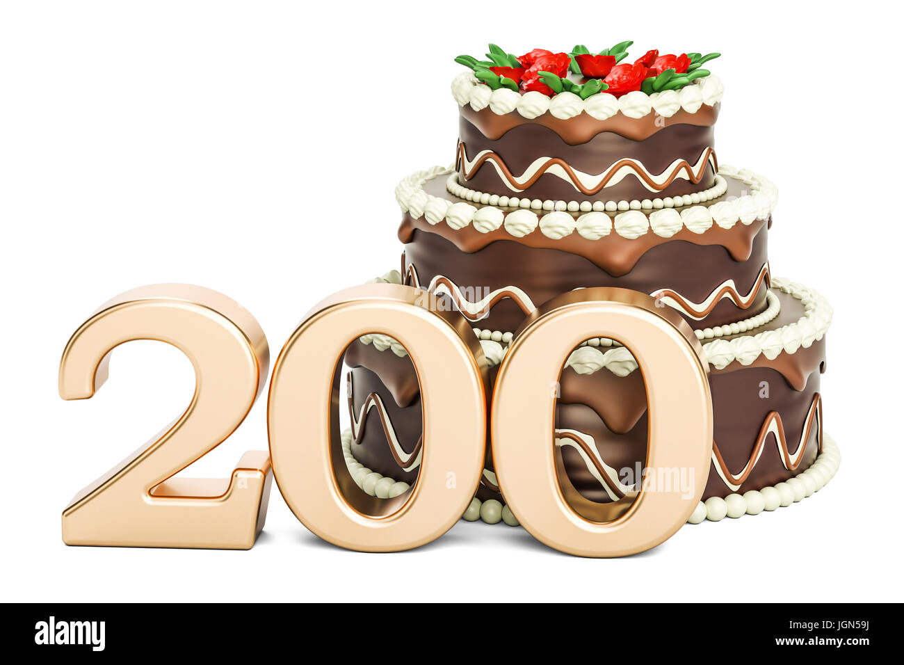 Gâteau au chocolat avec nombre d'or 200, 3D Rendering isolé sur fond blanc Banque D'Images
