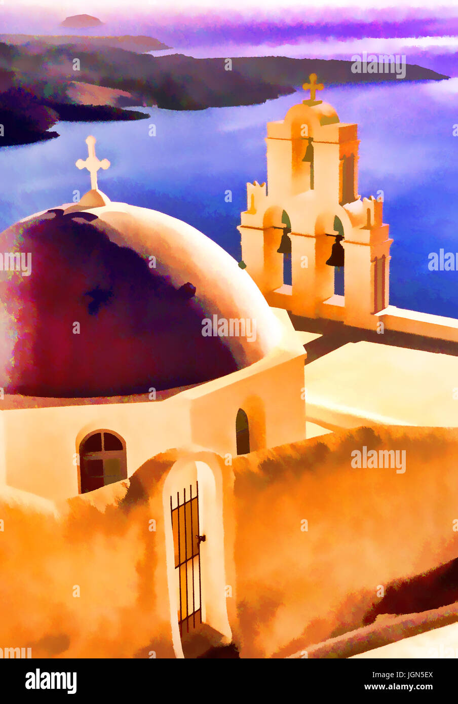 Chesières Theotokov Église orthodoxe grecque à Fira, Santorini, Grèce. --Art peinture photo numérique Banque D'Images