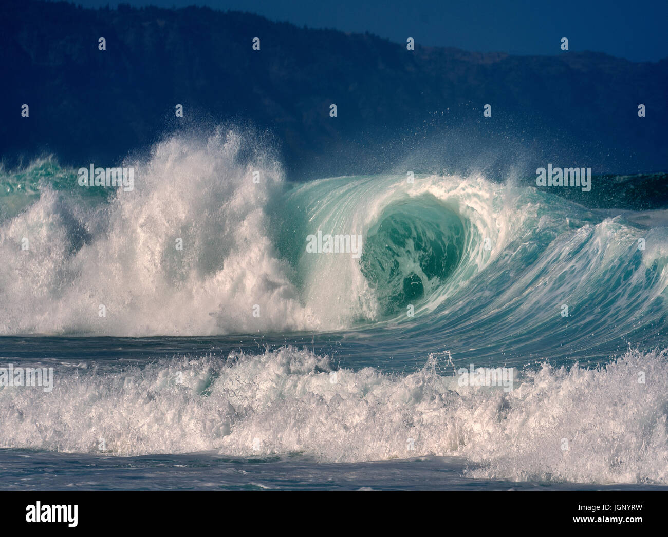 Les grandes vagues de tempête au large de la côte nord d'Oahu, Hawaii Banque D'Images