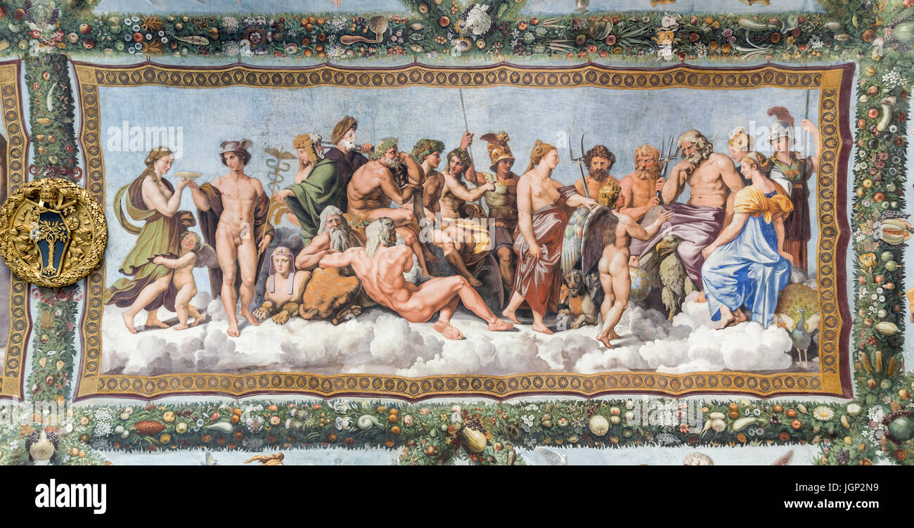 Le Conseil des Dieux, fresque de Raphaël, la villa Farnesina, Rome, Italie Banque D'Images