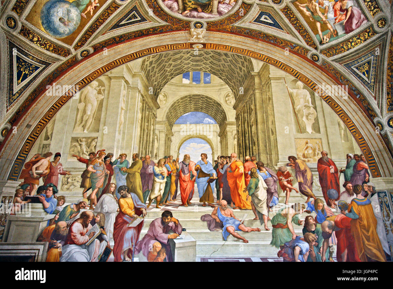 'La Scuola di Atene' ('l'École d'Athènes") dans Stanze di Raffaello ('Raphael Chambres'), Musées du Vatican, Vatican. Banque D'Images
