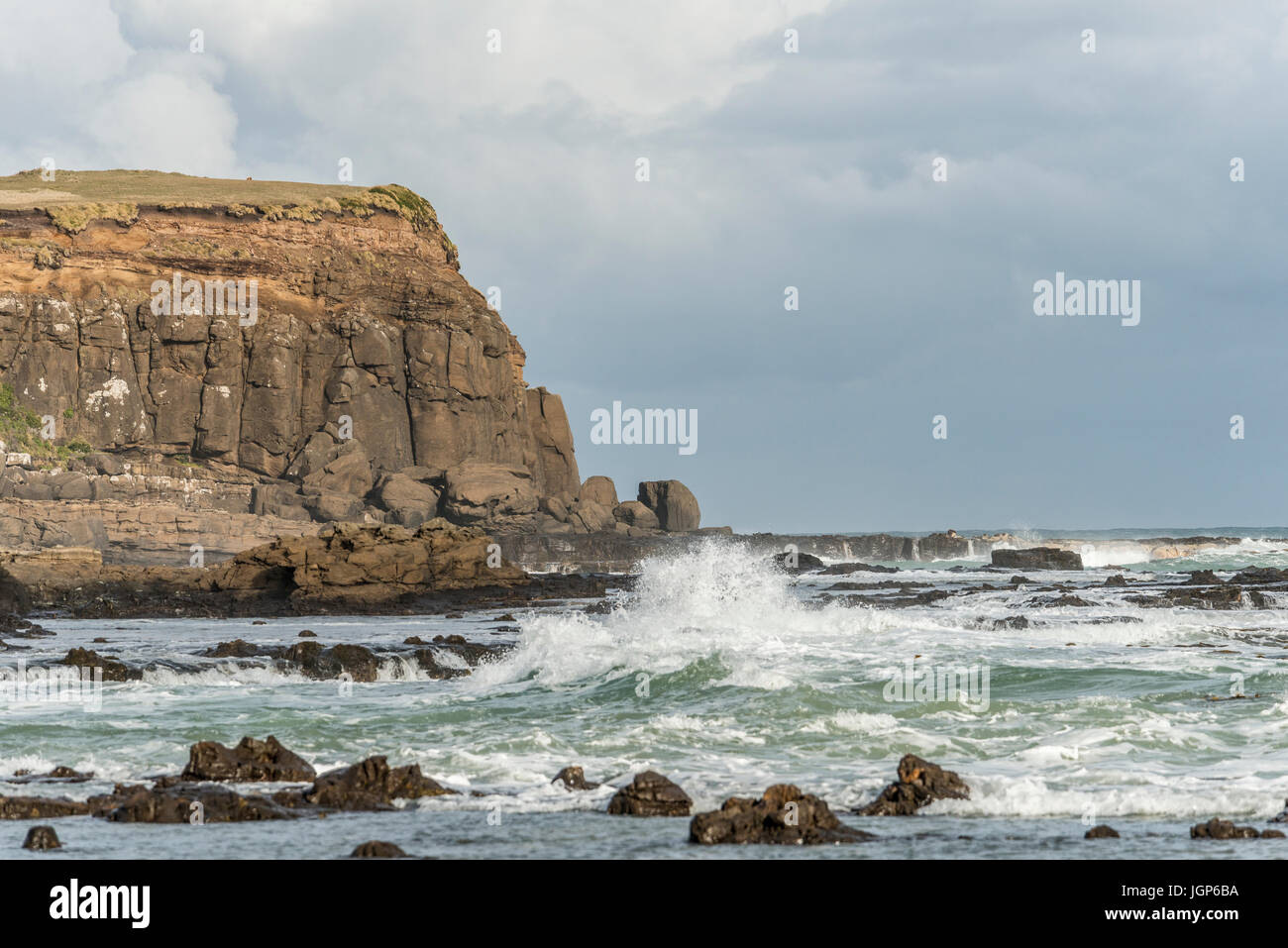 Les falaises et les vagues de mousse, côte rocheuse, Curio Bay, Southland, île du Sud, Nouvelle-Zélande Banque D'Images