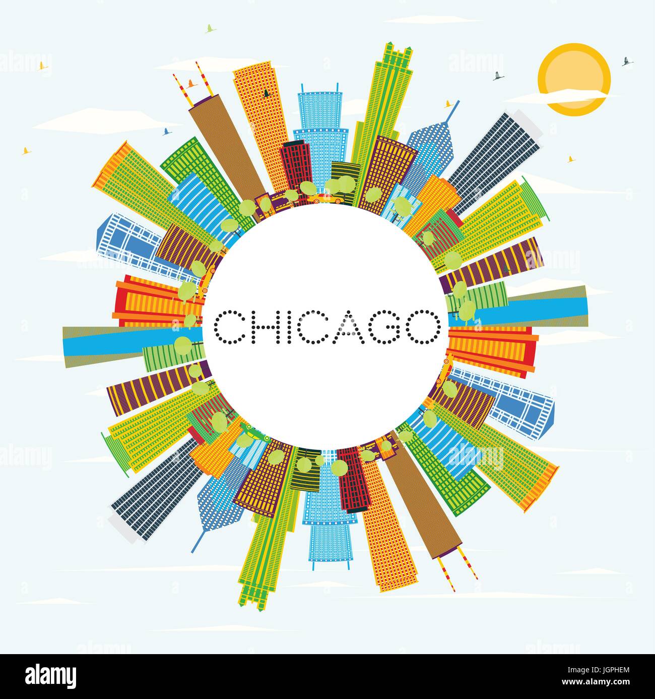 Horizon de Chicago avec les bâtiments et l'espace de copie couleur. vector illustration. Les voyages d'affaires et tourisme concept avec l'architecture moderne. Illustration de Vecteur