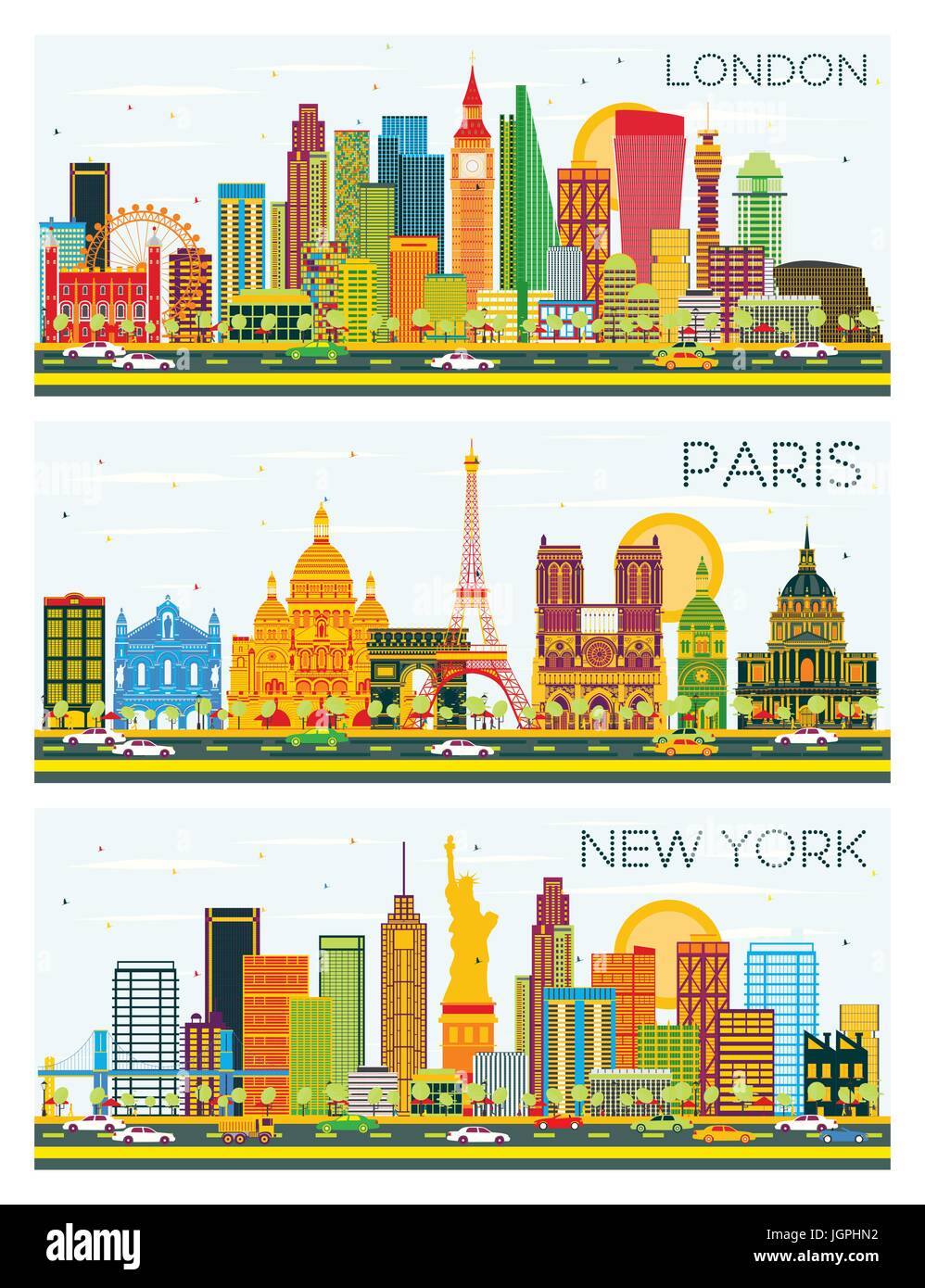 Londres, Paris, New York Skyline avec bâtiments de couleur et de ciel bleu. Vector Illustration. Les voyages d'affaires et tourisme Concept avec l'architecture historique Illustration de Vecteur