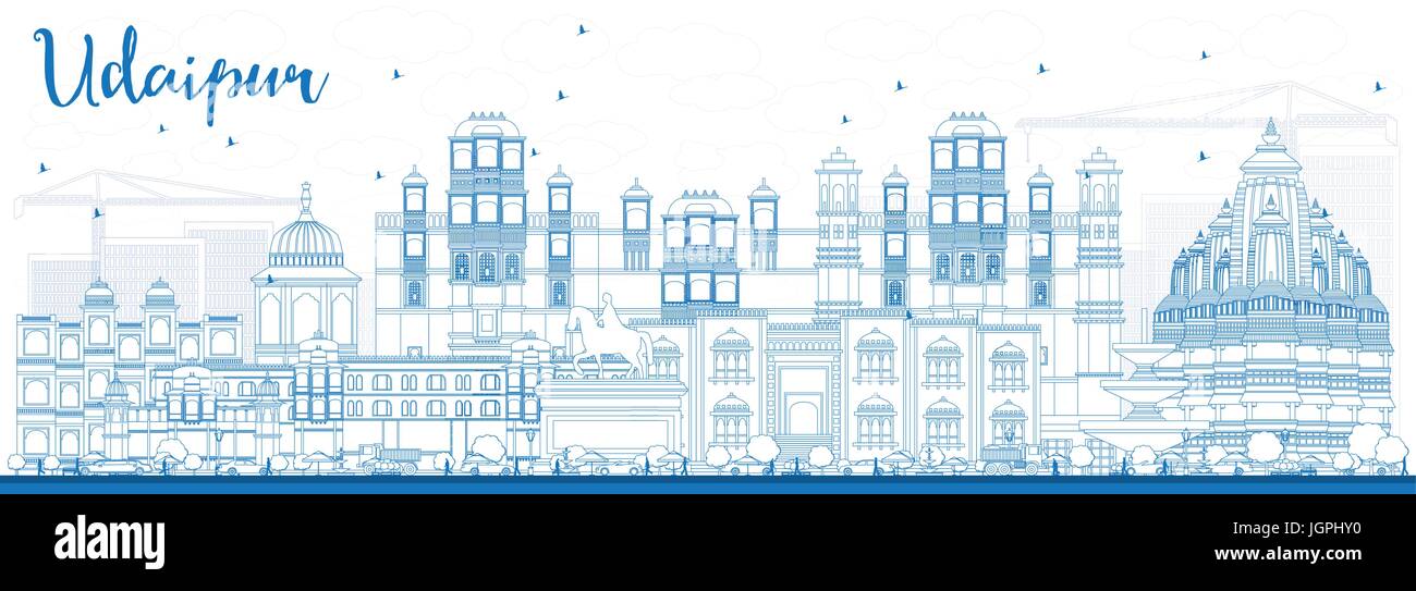 Udaipur contour bleu horizon avec bâtiments. vector illustration. Les voyages d'affaires et tourisme concept avec l'architecture historique. Illustration de Vecteur