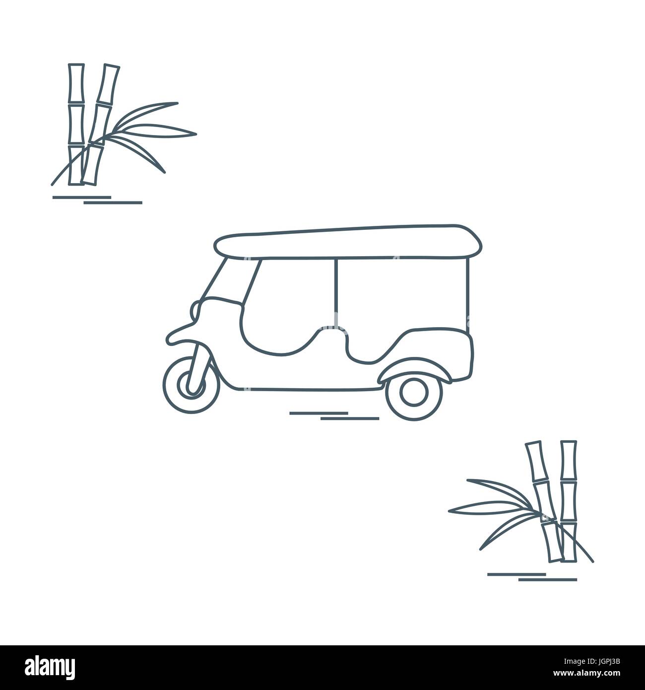 Icône stylisée de tuk-tuk et de bambous. Taxi traditionnel en Thaïlande, en Inde. Pour la conception d'affiches, de bannières ou d'impression. Illustration de Vecteur