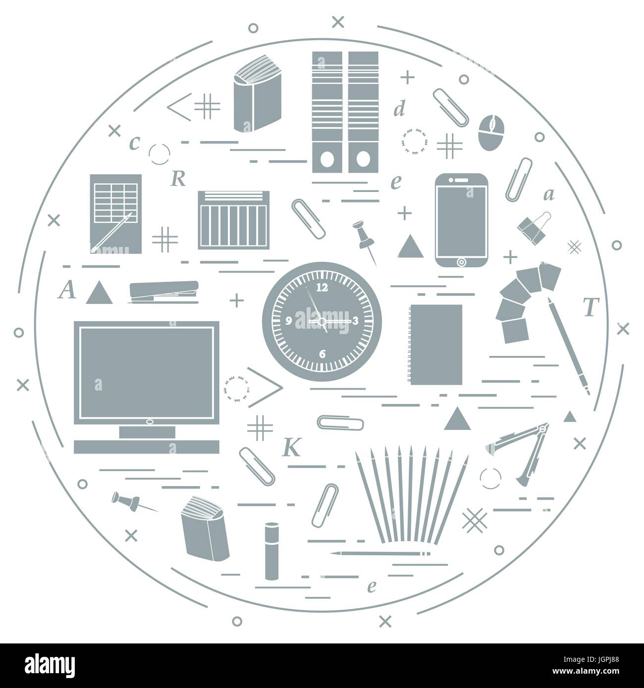 Ensemble d'objets du bureau différentes disposées en cercle. Y compris les icônes des trombones, des boutons, des crayons, de la colle, de surveiller, d'horloge et d'autres sur zone blanche Illustration de Vecteur