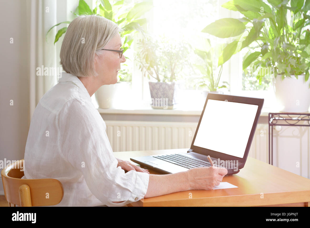 Femme senior à la maison en face de son ordinateur portable en prenant des notes, des conseils en ligne ou e-learning concept modèle, écran blanc, copy space Banque D'Images