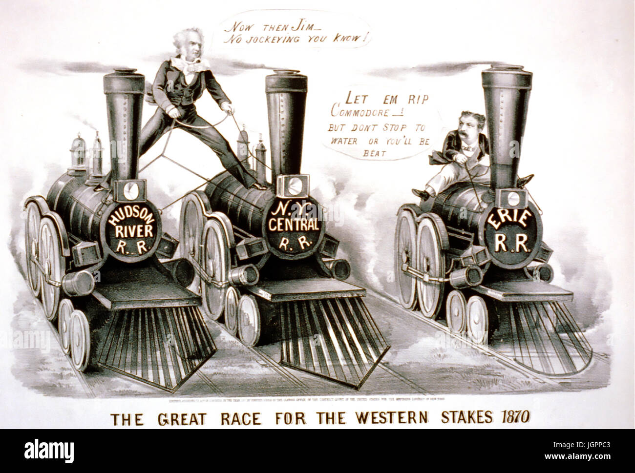 La GRANDE COURSE POUR LES ENJEUX 1870. Currier & Ives lithographie montrant de Cornelius Vanderbilt à gauche en concurrence avec James Fisk Jnr pour prendre en charge l'Erie Railroad en faillite Banque D'Images