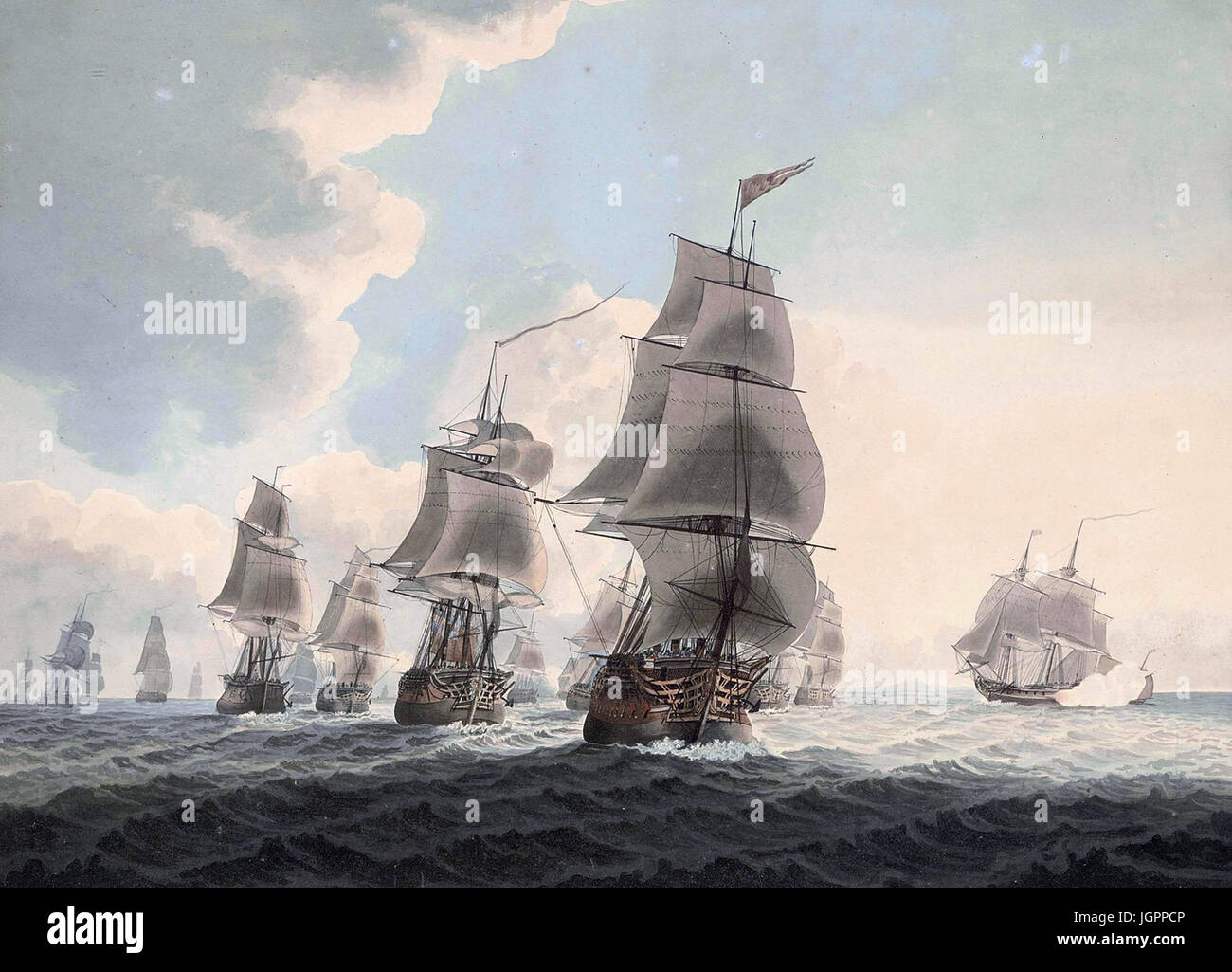 SAMUEL ATKINS (c) 1760-1810 L'artiste anglais. 'Un escadron de la Marine royale de couler le long de la voie et une compagnie des Indes la préparation de la voile' non daté huile sur toile. Banque D'Images