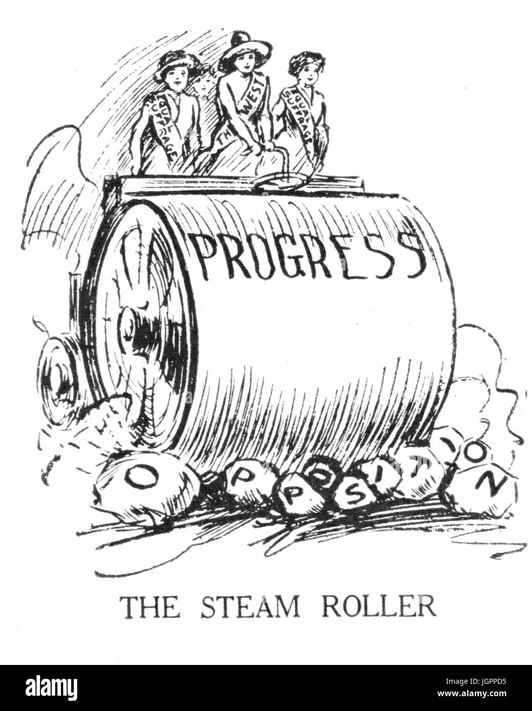 Le rouleau à vapeur suffragettes américaines sur une machine à vapeur d'écraser l'opposition dans un dessin animé de 'juger' magazine en mars 1917 Banque D'Images