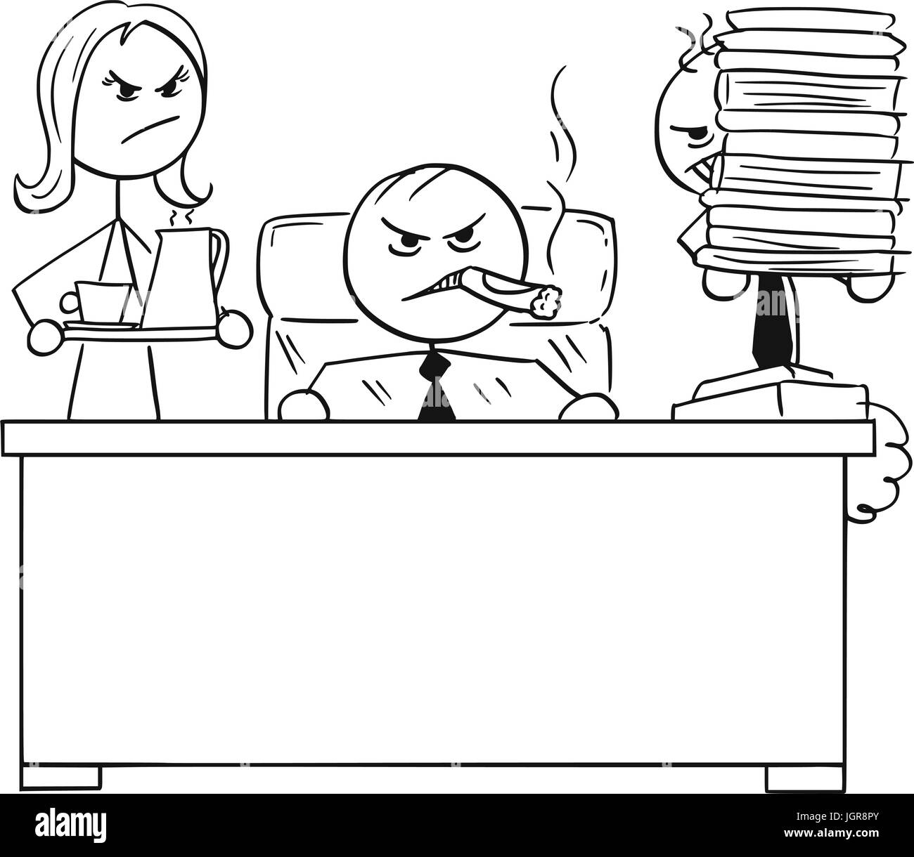 Cartoon vector stick man stickman dessin du patron en colère avec de gros cigare assis derrière son bureau avec sous-mâle et femelle secrétaire derrière lui. Illustration de Vecteur