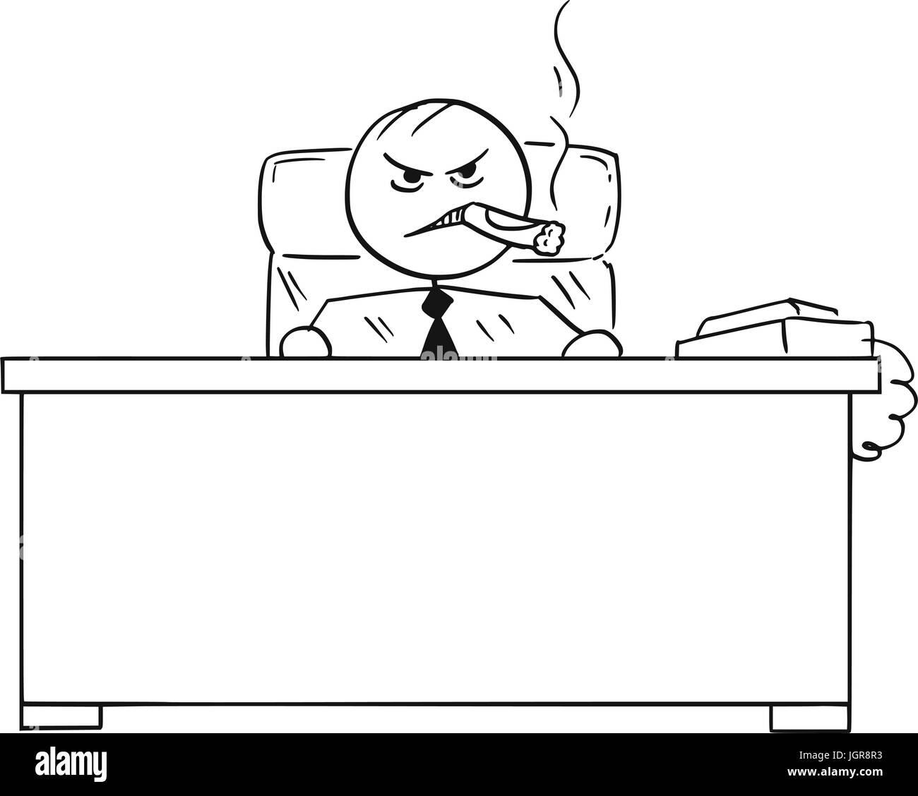 Cartoon vector stick man stickman dessin de patron d'entreprise assis derrière un bureau fumeurs de cigare gros Illustration de Vecteur