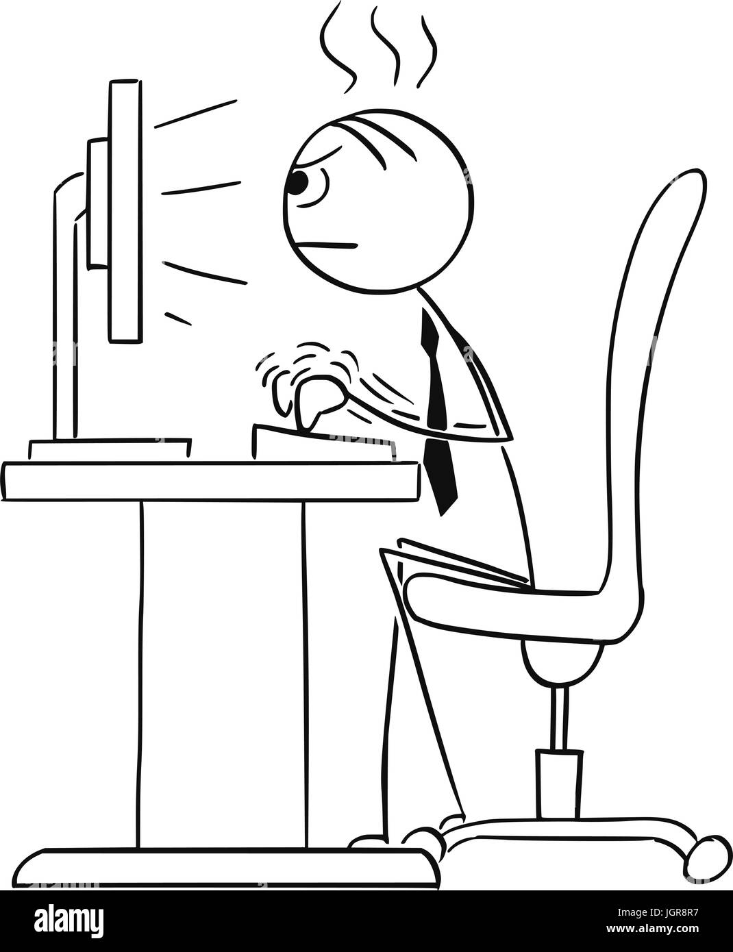 Cartoon vector stick man stickman dimensions de l'homme travaillant à taper dur sur l'ordinateur de bureau. Illustration de Vecteur