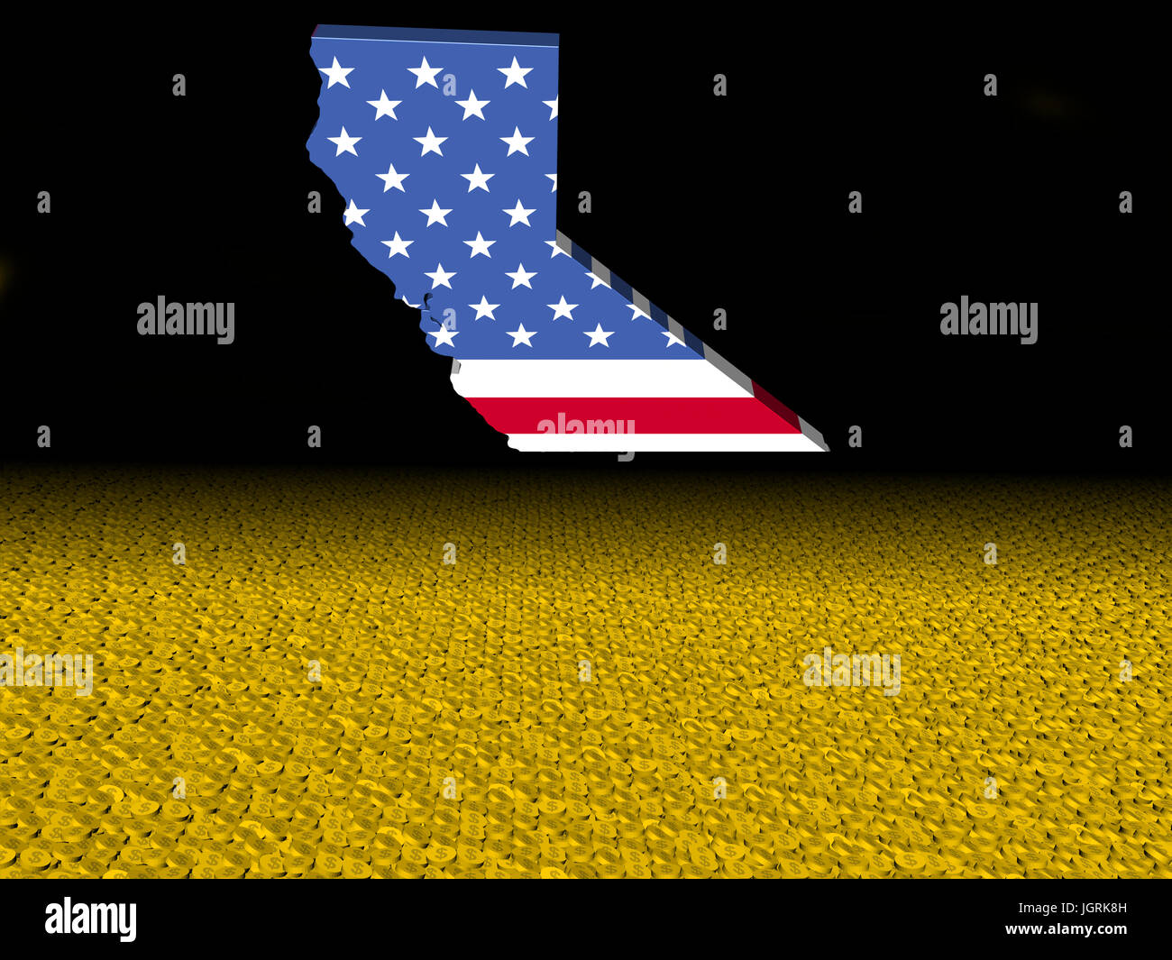 Californie carte drapeau avec dollar coins illustration avant-plan Banque D'Images