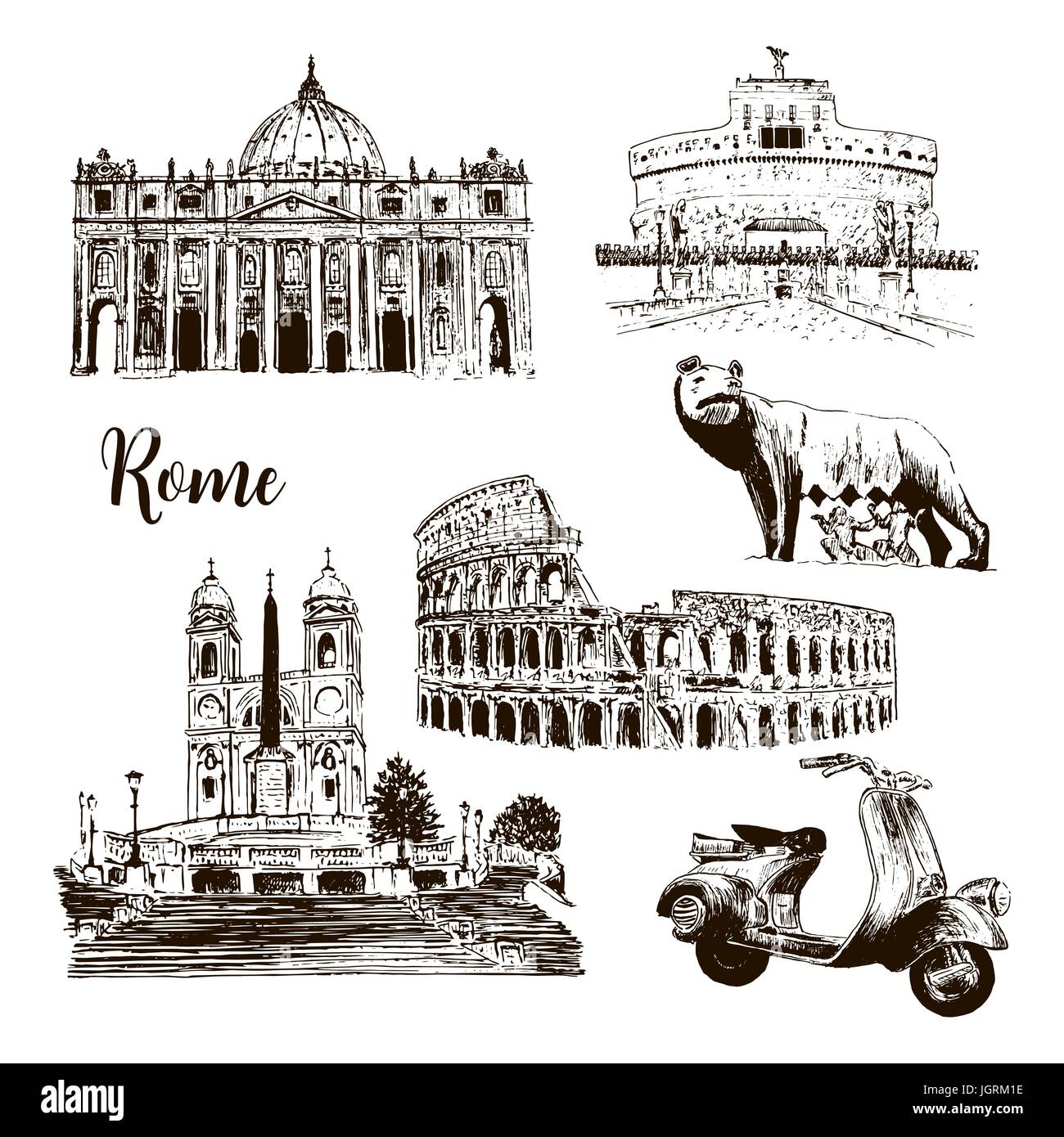 Symboles architecturaux de Rome : Colisée, la Cathédrale Saint Pierre, le château Sant'Angelo wolf, Romulus, Piazza di Spagna, scooter. vector illustration croquis. Fo Illustration de Vecteur