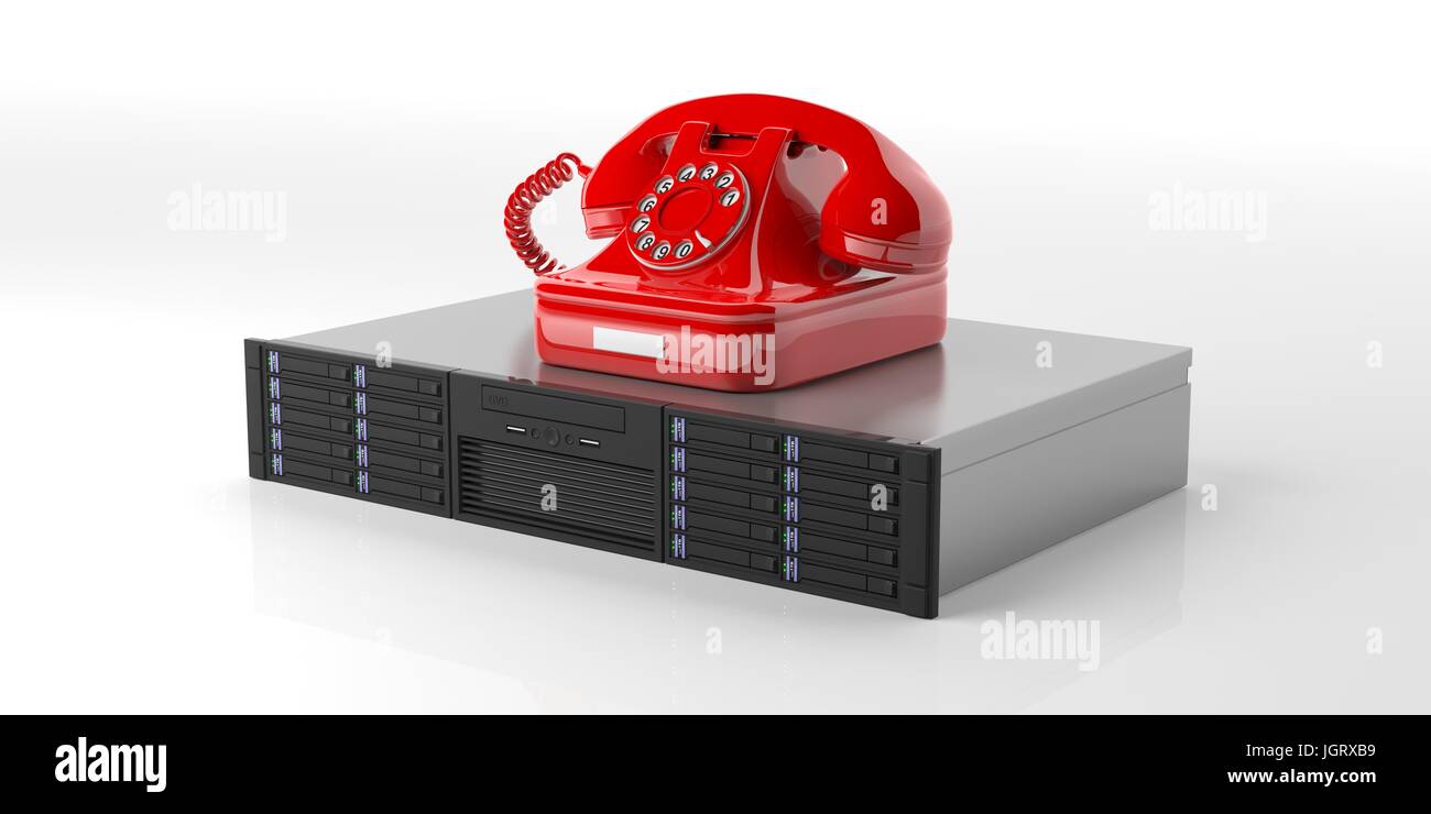 L'unité de stockage de serveur d'ordinateur et un téléphone vintage isolé sur fond blanc. 3d illustration Banque D'Images