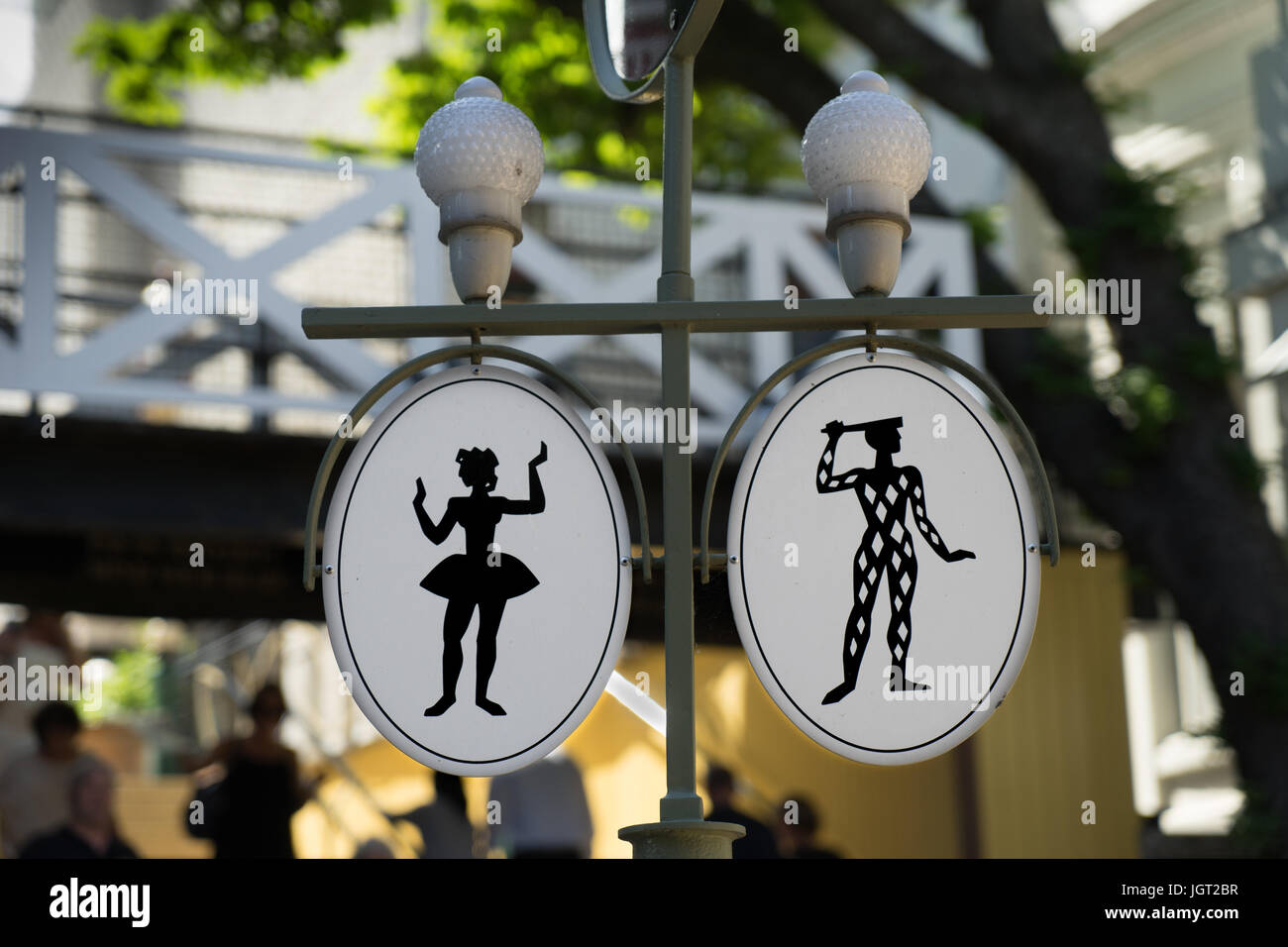 Signes de toilettes à Tivoli, Copenhague, Danemark Banque D'Images