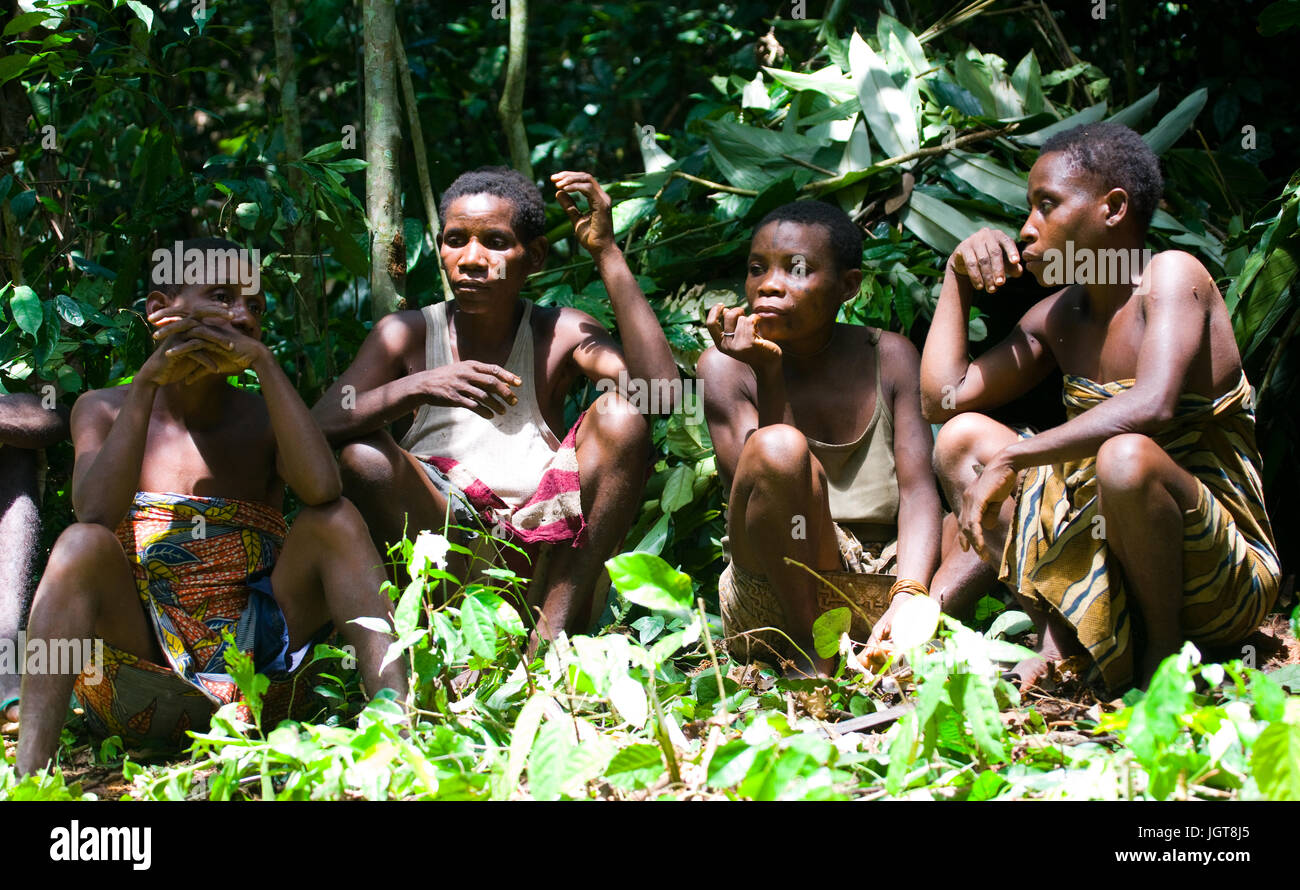 Réserve forestière de DZANGA-SANHA, RÉPUBLIQUE CENTRAFRICAINE - le 2 novembre 2008 : Les femmes d'une tribu de pygmées s'asseoir dans la forêt. Banque D'Images