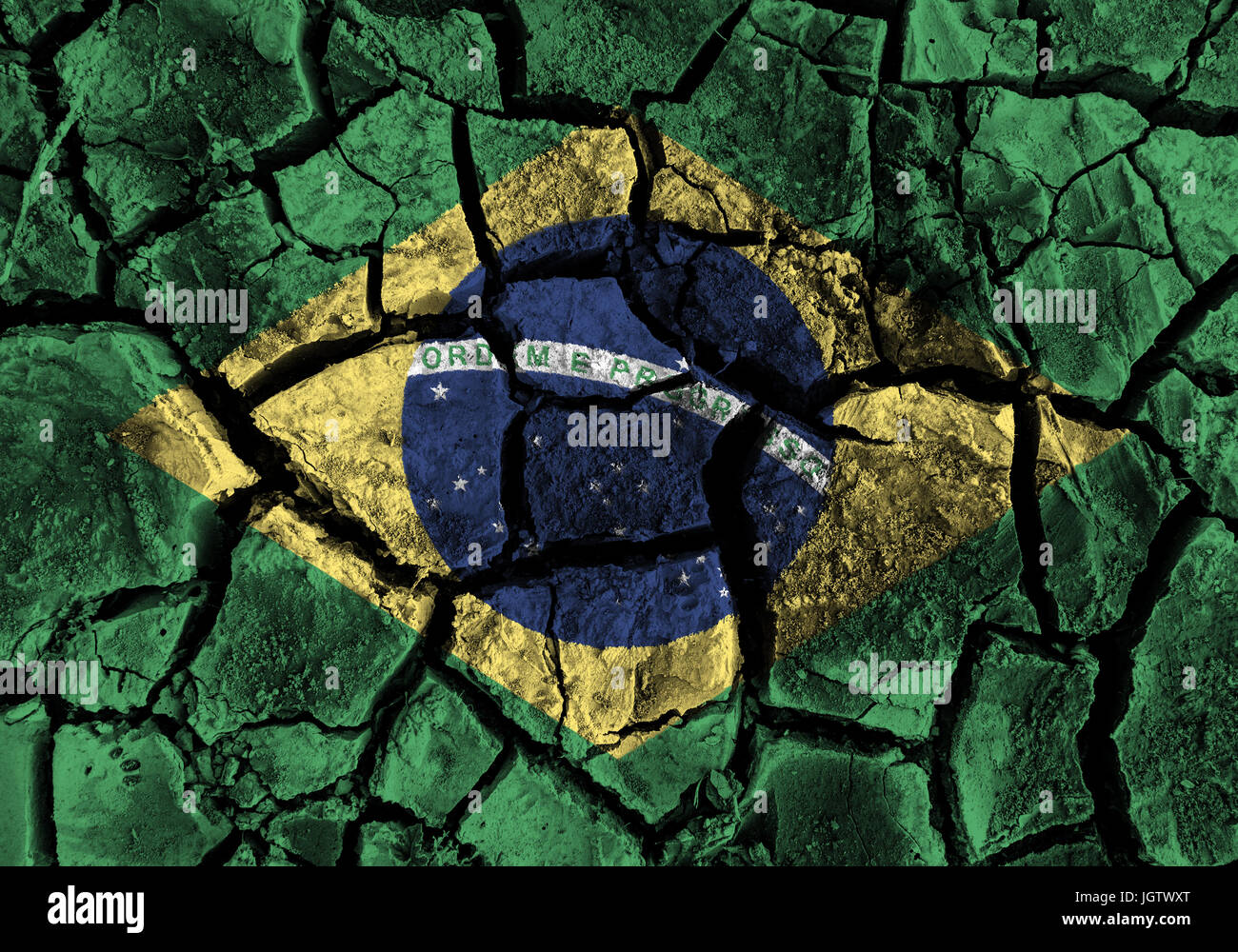 Drapeau Brésil peinture sur sol fissuré haute précision . Illustration 3D . Banque D'Images