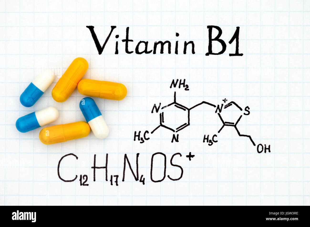 Formule chimique de la vitamine B1 et des pilules. Banque D'Images