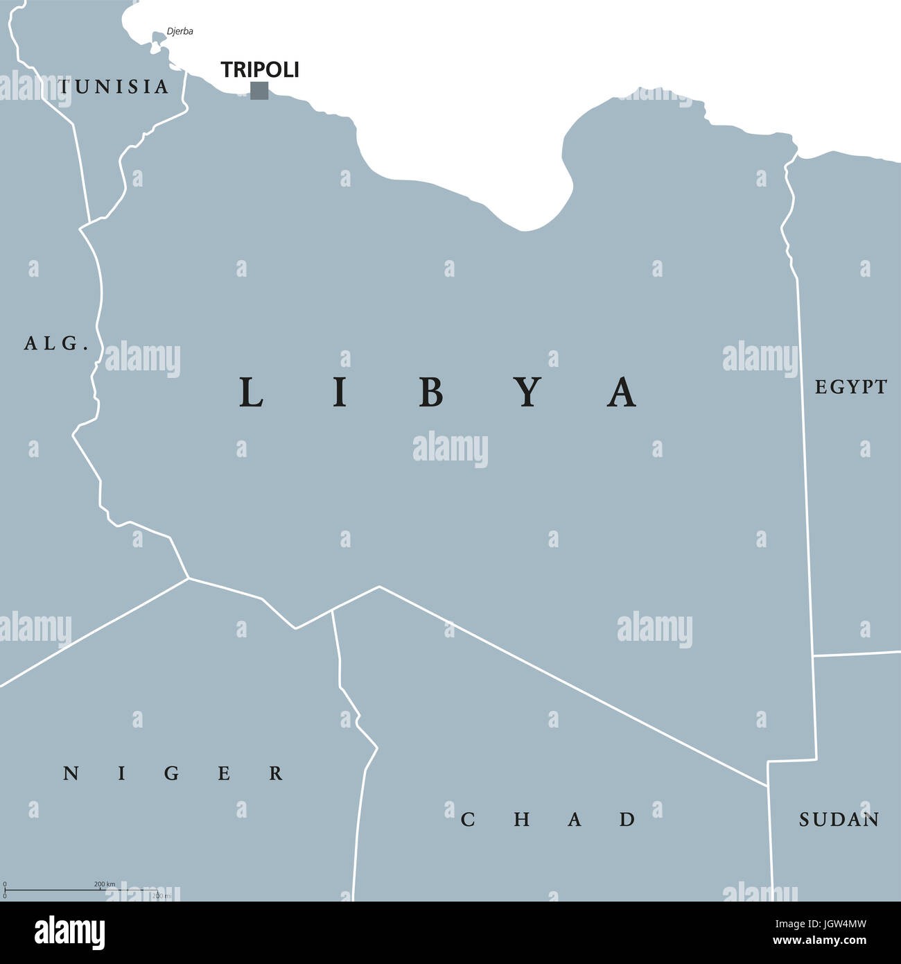 Carte politique de la Libye avec capitale Tripoli. Pays arabes dans la région du Maghreb, d'Afrique du Nord bordé par la mer Méditerranée. Gris illustration. Banque D'Images
