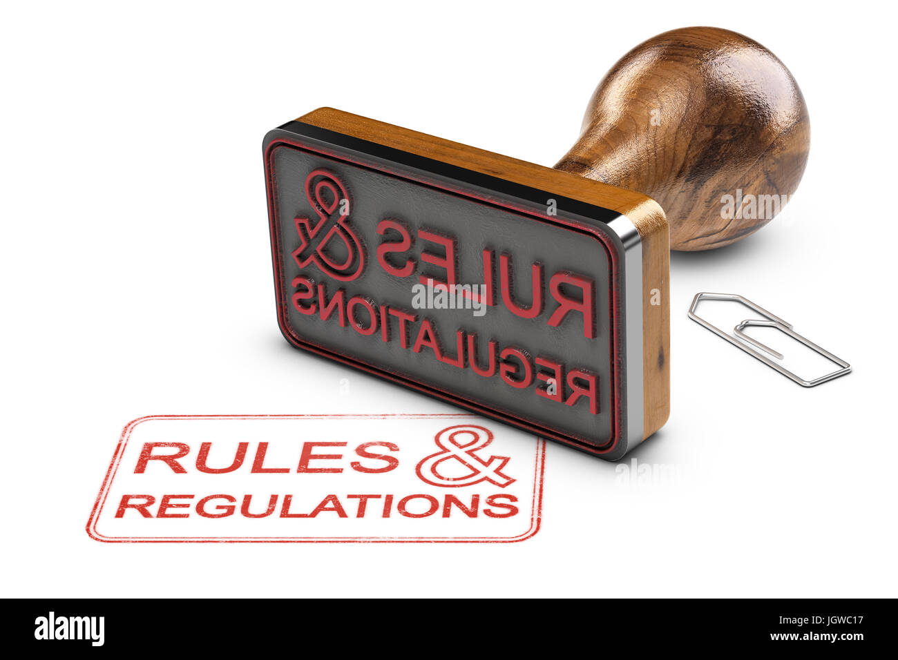 3d illustration d'un timbre en caoutchouc et le texte des règles et des règlements sur fond blanc. Banque D'Images
