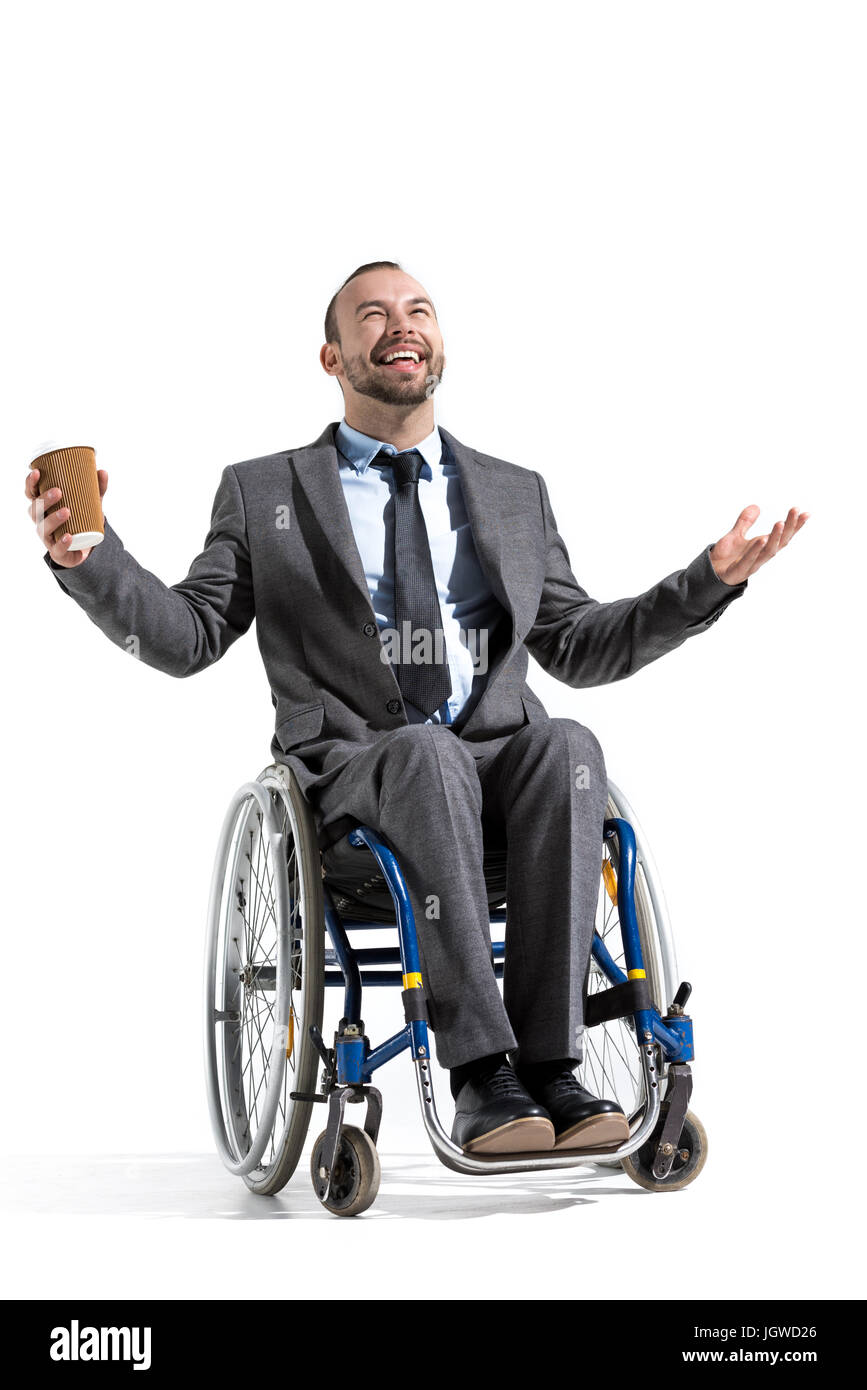 Mobilité businessman en fauteuil roulant avec du café pour aller isolated on white Banque D'Images