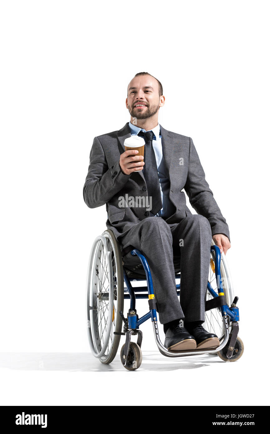 Mobilité businessman en fauteuil roulant avec du café pour aller isolated on white Banque D'Images