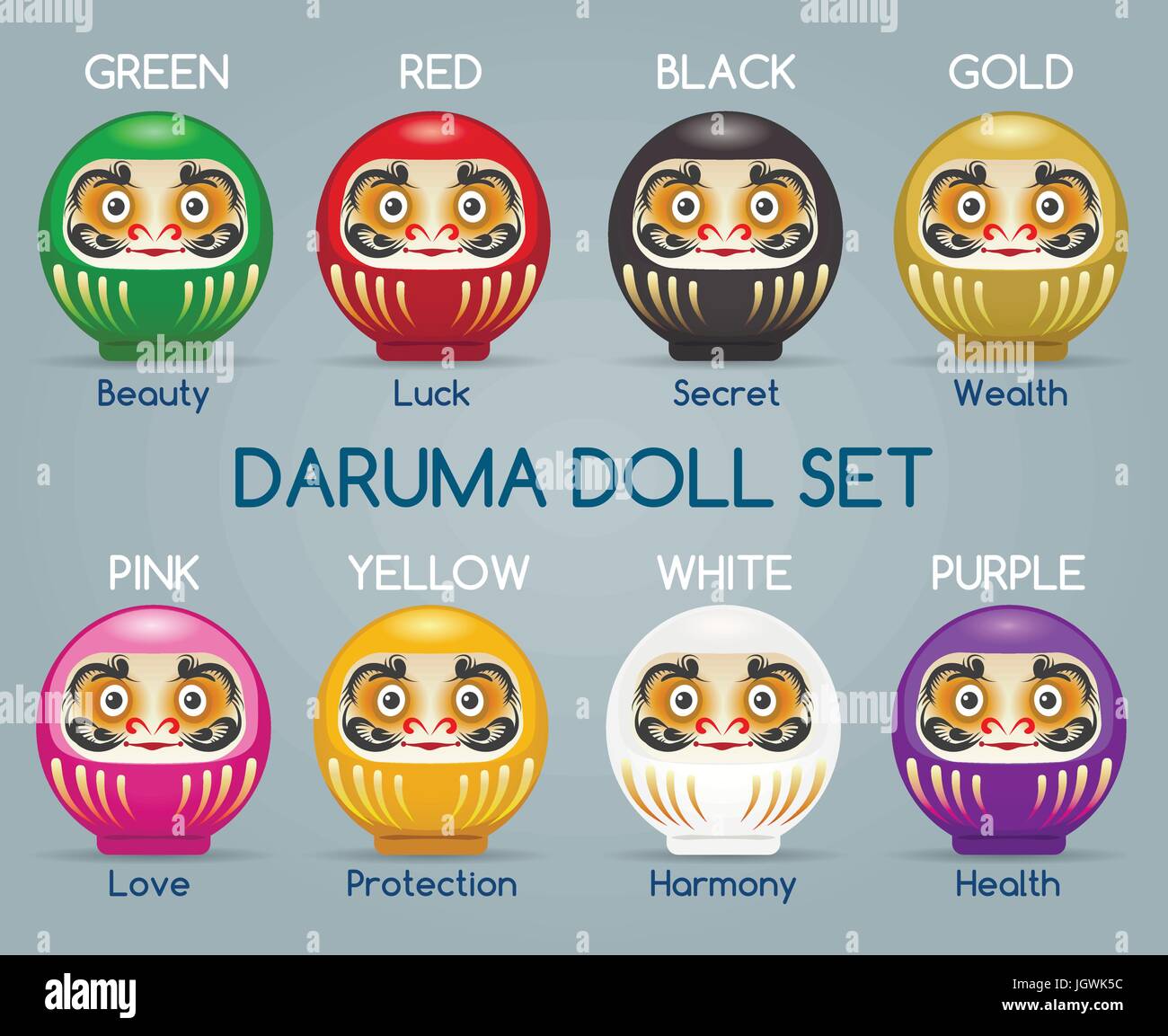 Le Japon couleur vecteur moine daruma poupées. L'or et vert, jaune et blanc darumas japonais Illustration de Vecteur