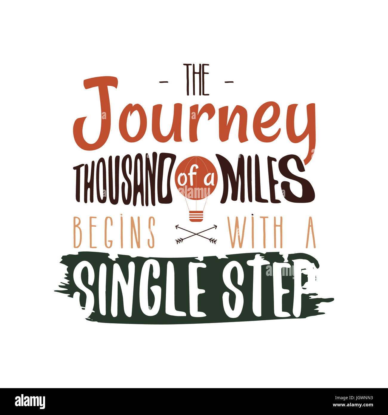 Aventure Vintage Hand drawn dessin d'étiquette. Le de mille kilomètres commence par un seul pas signer et symboles d'activités de plein air - ballon. Couleurs rétro. Isolé sur fond blanc. Banque D'Images