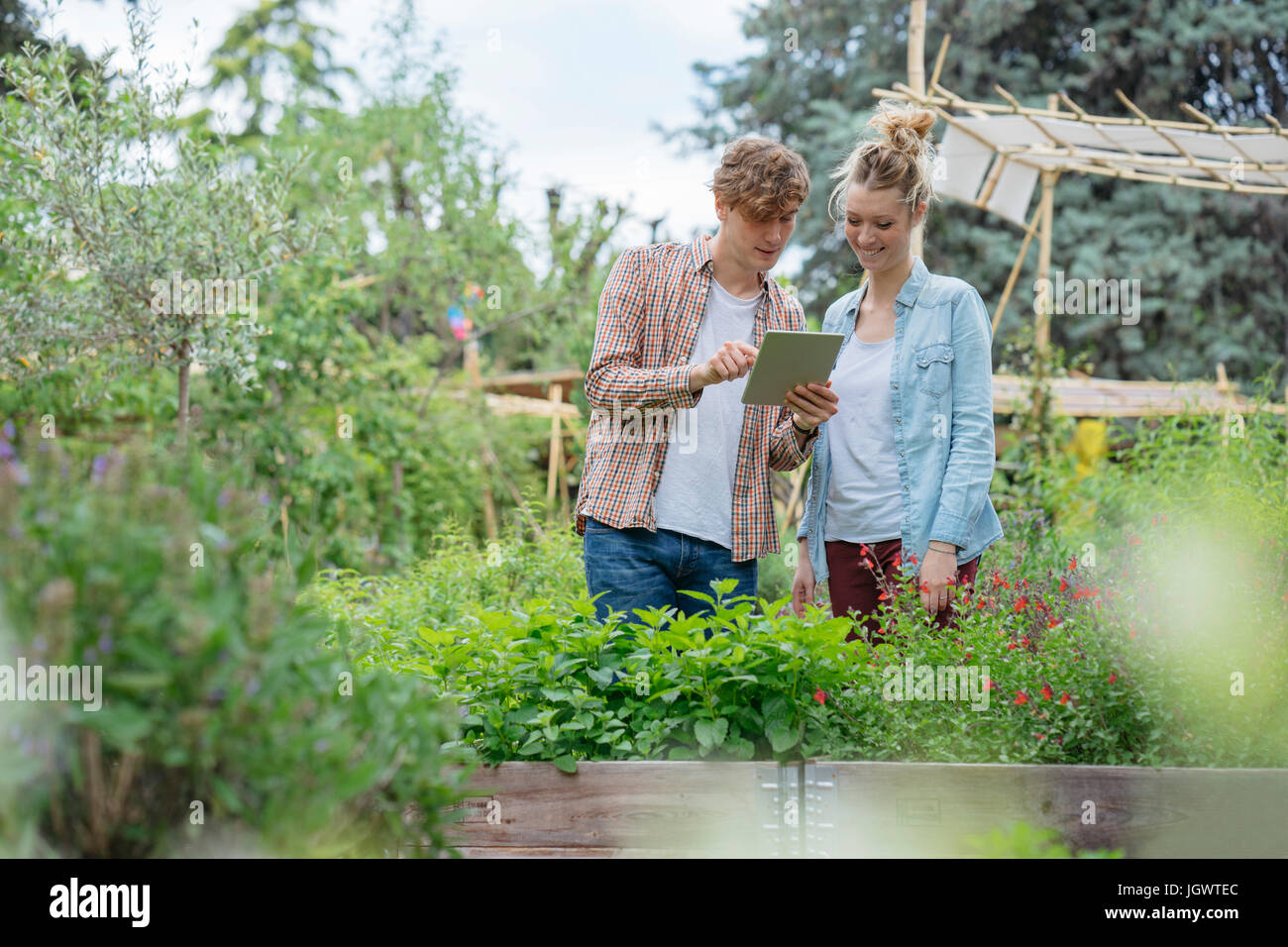 Jeune homme et femme en milieu urbain, le jardin des plantes photographier using digital tablet Banque D'Images