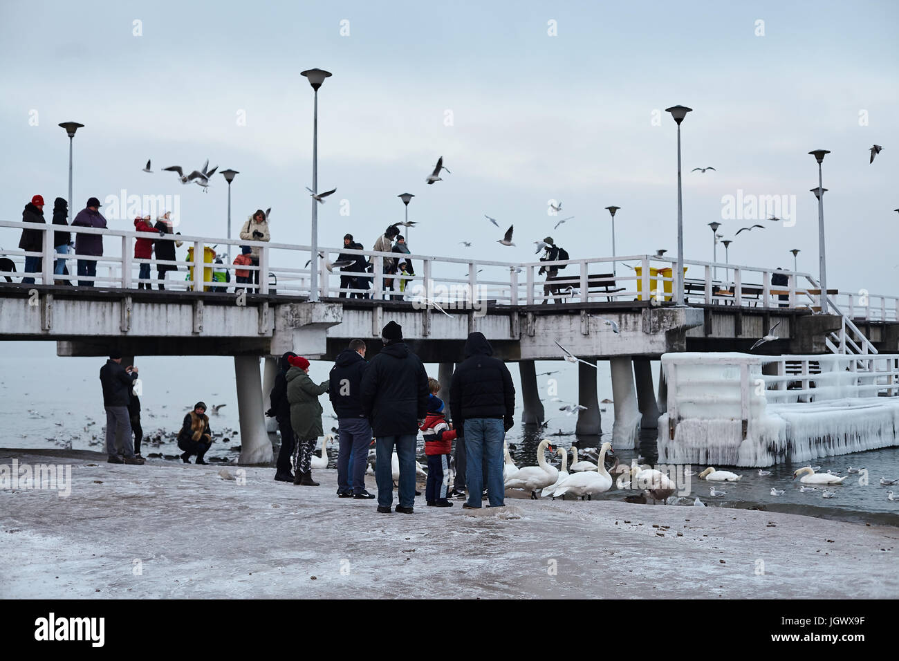 Les gens sur la plage et de la jetée de Gdansk Brzezno, Pologne, janvier 2016. Banque D'Images