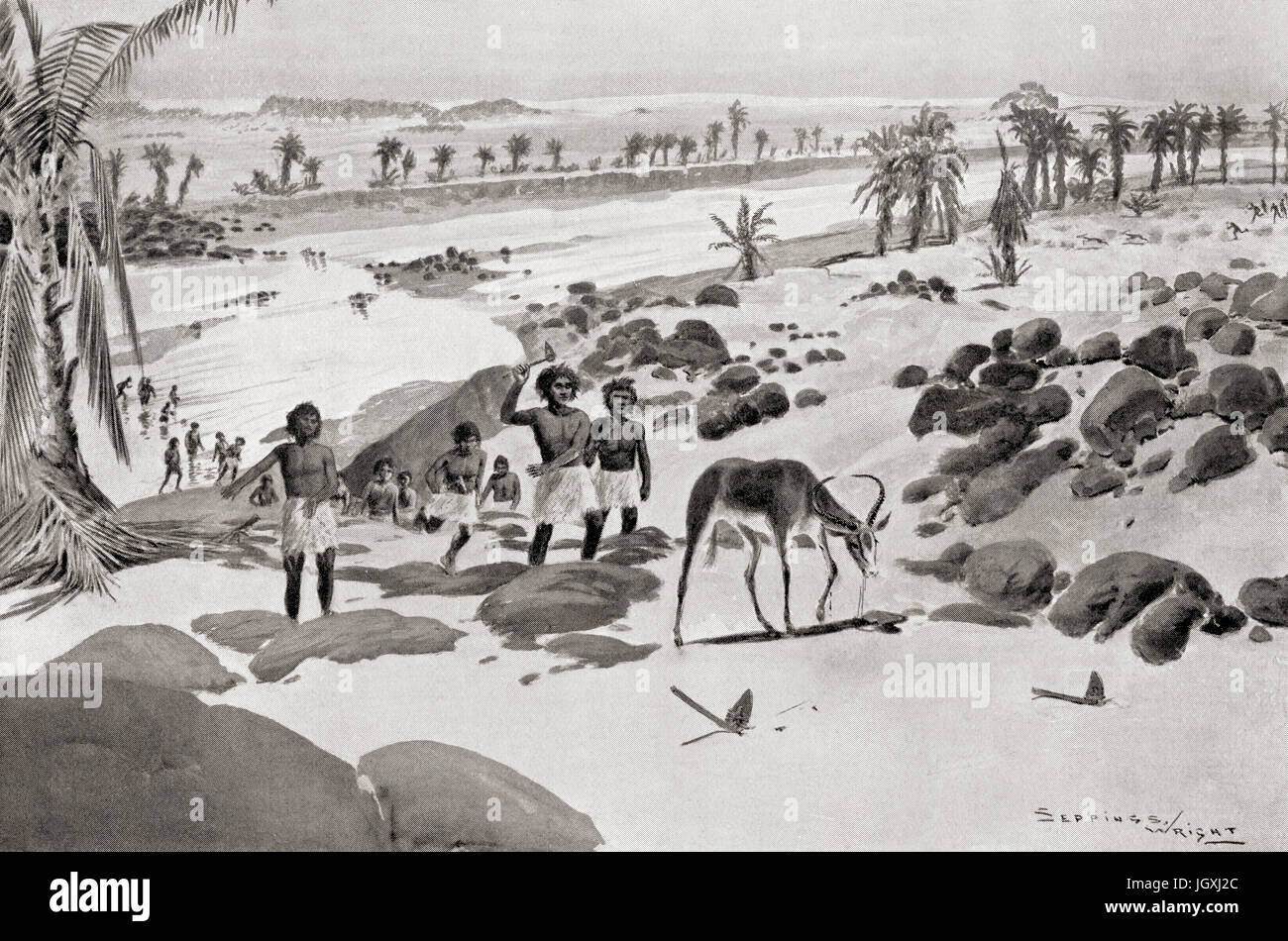 Au début de la chasse pour l'alimentation gazelle égyptiens en jetant les tomahawks à lame et rendre la capture facile. L'histoire de Hutchinson de l'ONU, publié en 1915. Banque D'Images