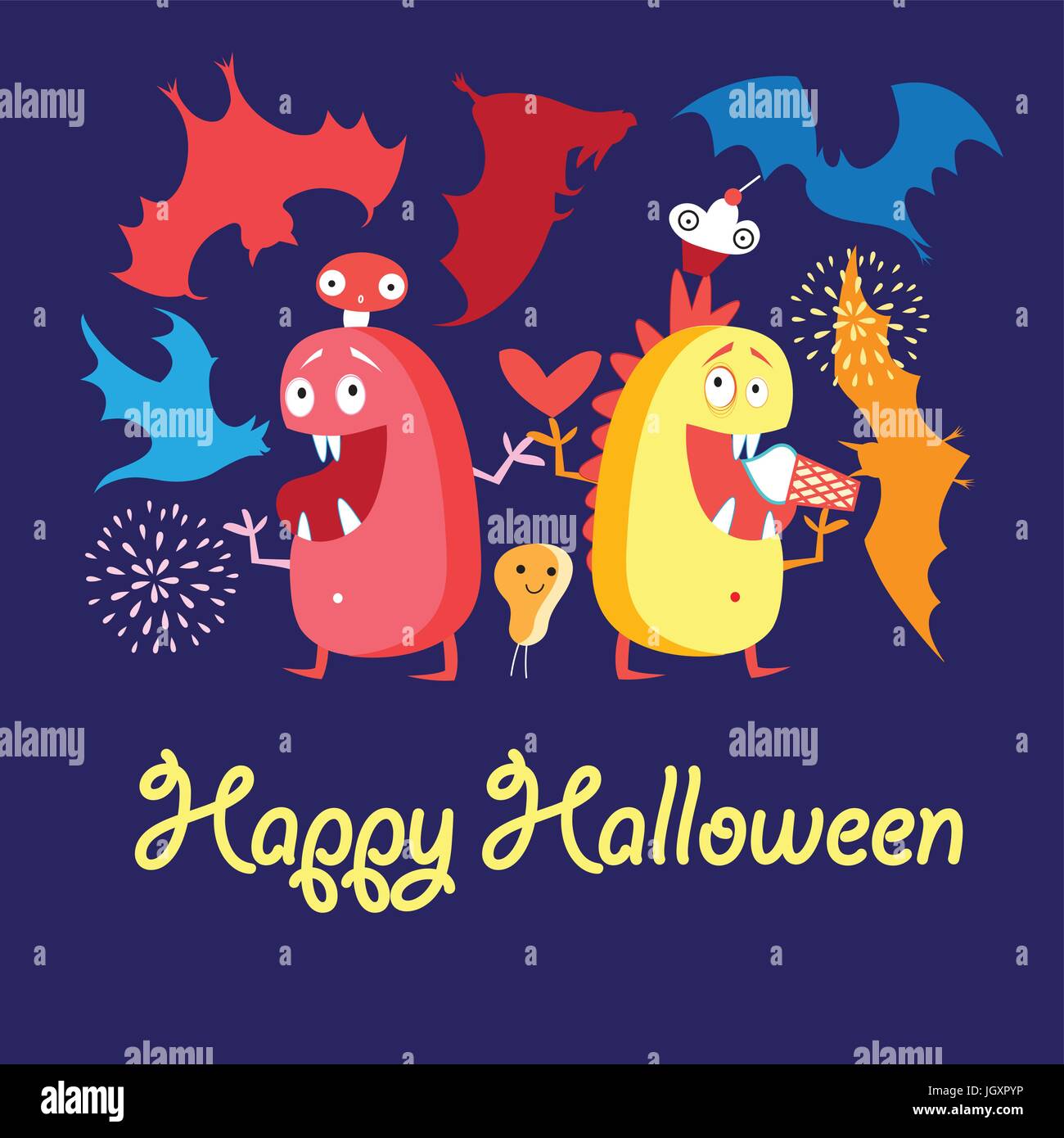 Carte de souhaits vector avec des monstres et des chauves-souris à l'Halloween Illustration de Vecteur