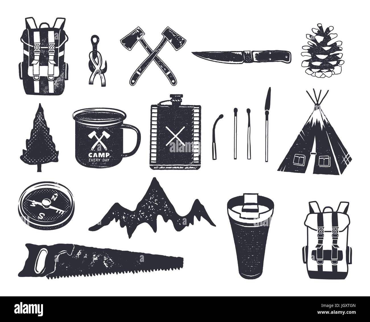 Vintage hand drawn Aventure randonnée, camping formes de sac à dos, a vu, mountain, allumettes, arbre, couteau, thermo cup et d'autres. Retro design monochrome. Peut être utilisé pour des t-shirts imprimés. Vecteur Stock Illustration de Vecteur