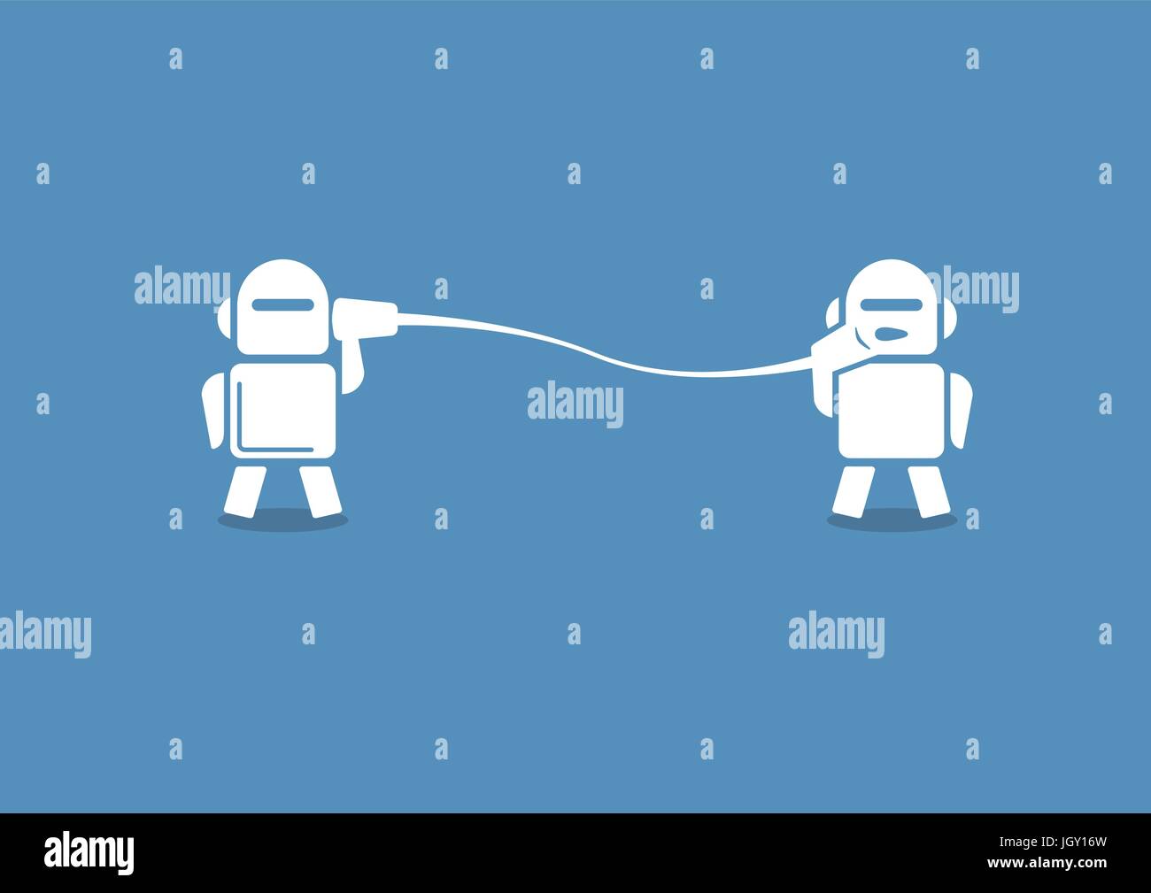 Conseiller Robo concept comme illustration vectorielle. Deux robots communiquent les uns avec les autres, sur fond bleu. Illustration de Vecteur