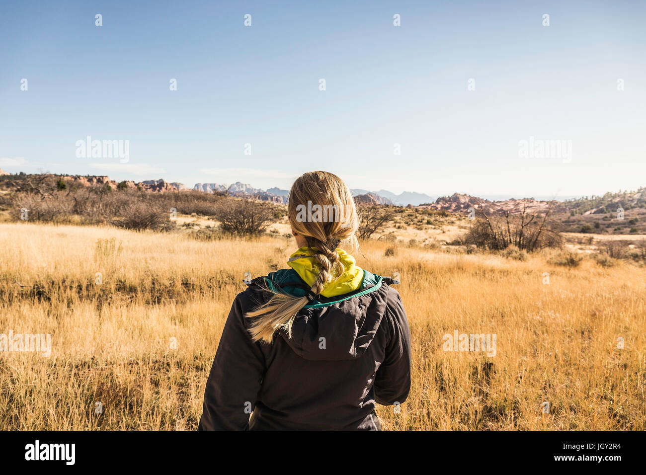 Woman looking at view, vue arrière, Zion National Park, Springdale, Utah, USA Banque D'Images