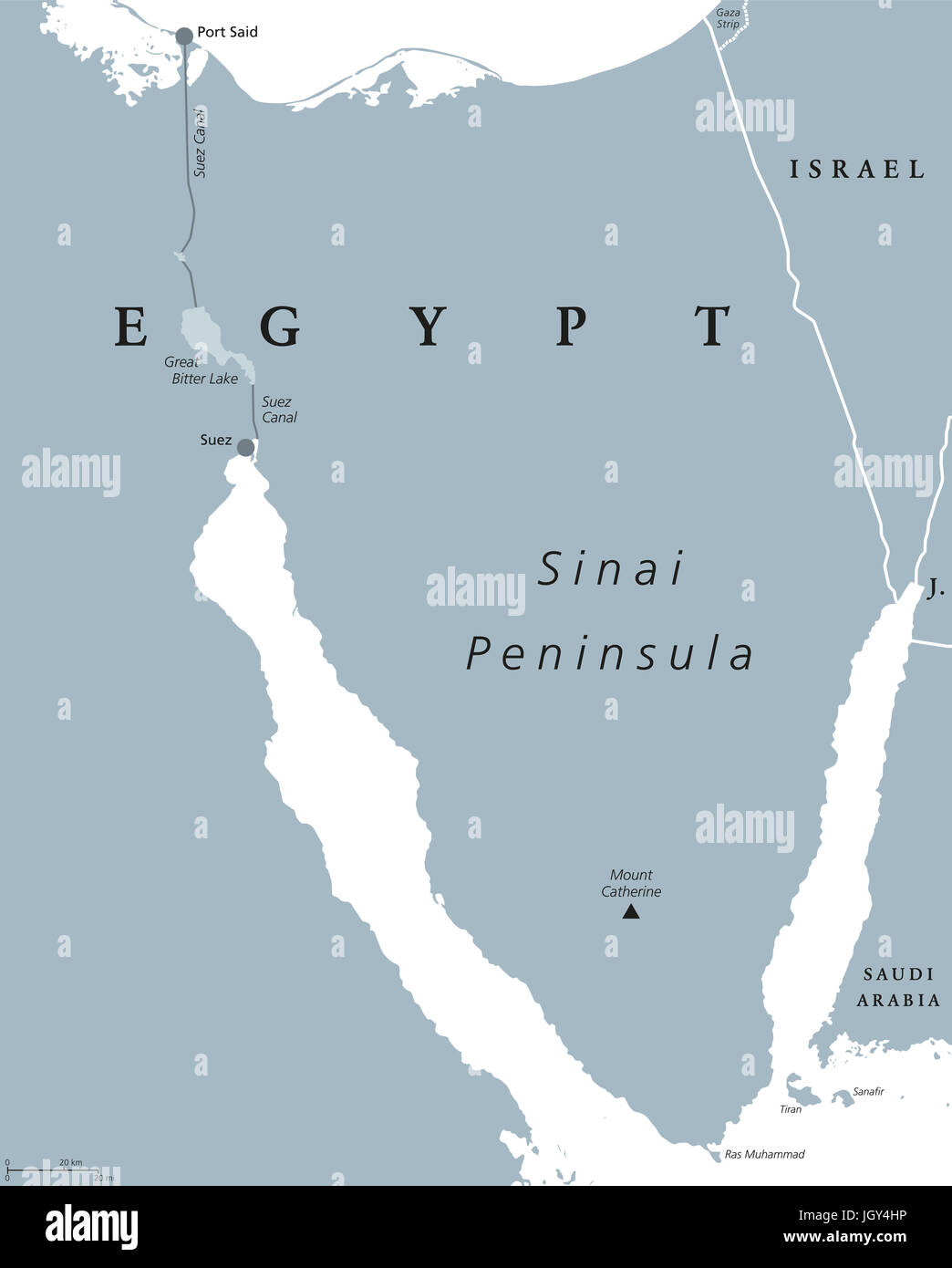 Carte politique de la péninsule du Sinaï. Pont terrestre en Égypte situé entre mer Méditerranée et Mer Rouge. Avec le Canal de Suez. Gris illustration. Banque D'Images