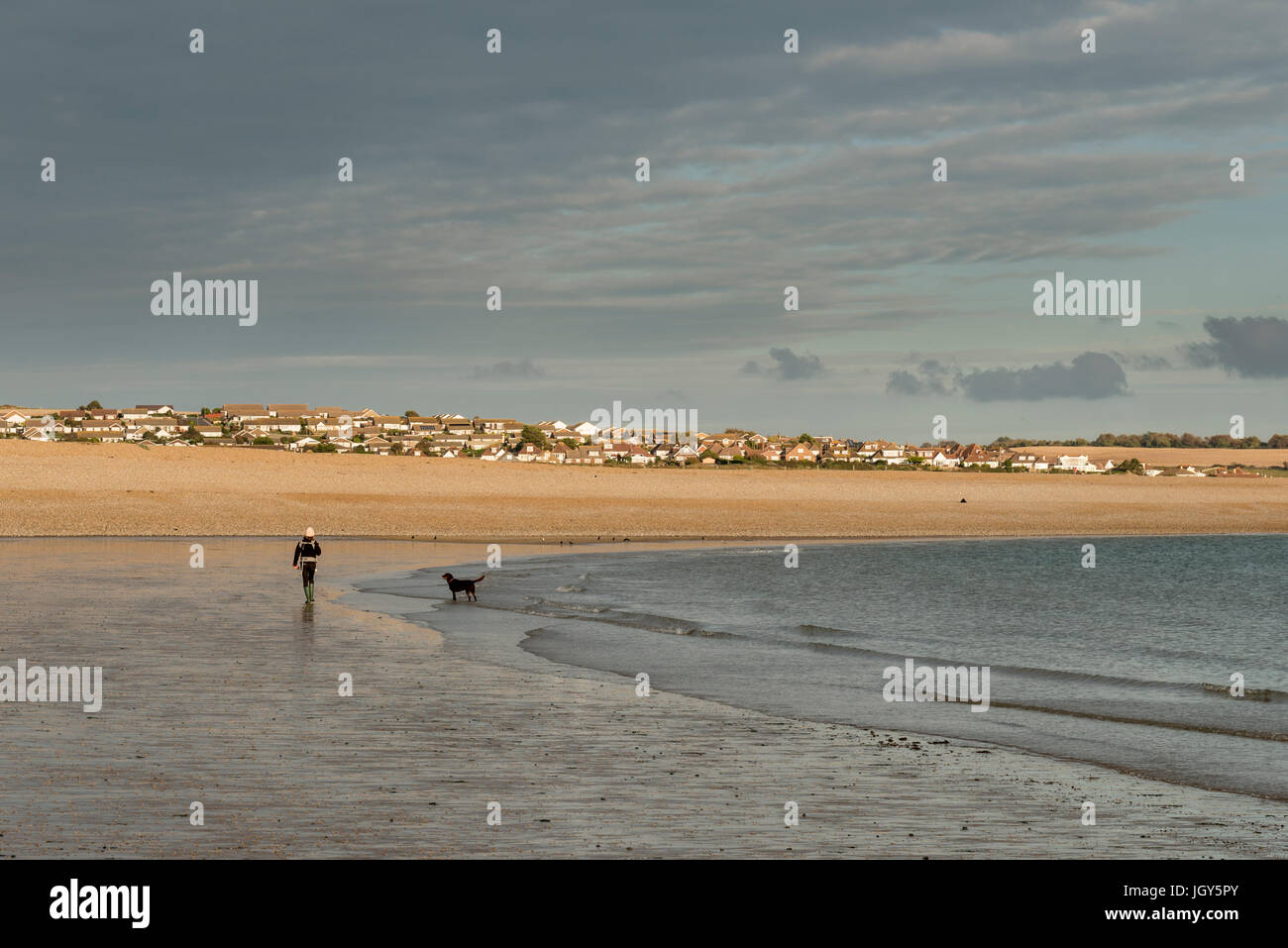 Une personne avec un chien sur la plage de Newhaven, East Sussex, UK Banque D'Images