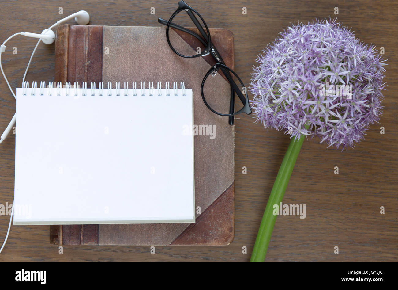 Maquette d'ordinateur portable pour l'oeuvre de pourpre et d'allium lunettes. Vue d'en haut. Place pour le texte. Des fleurs. Banque D'Images