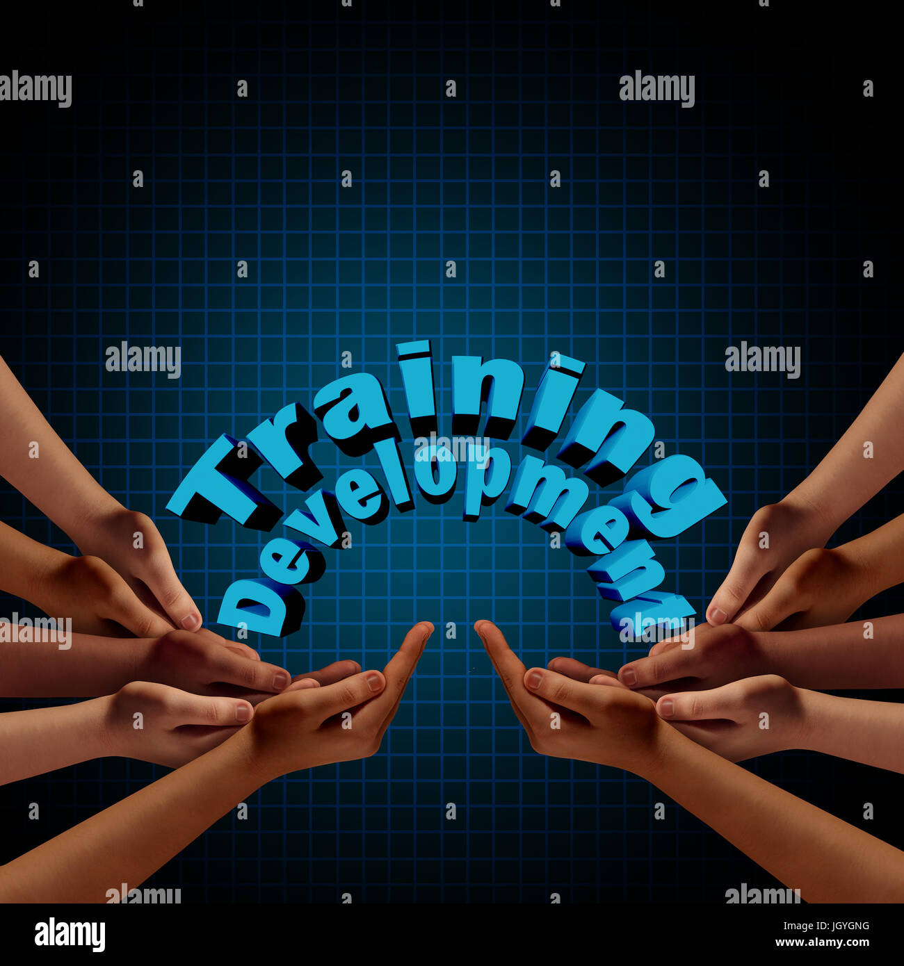 Groupe de formation et de développement que les équipes de mains qui s'unissent pour soutenir la formation et l'éducation avec 3D illustration éléments. Banque D'Images