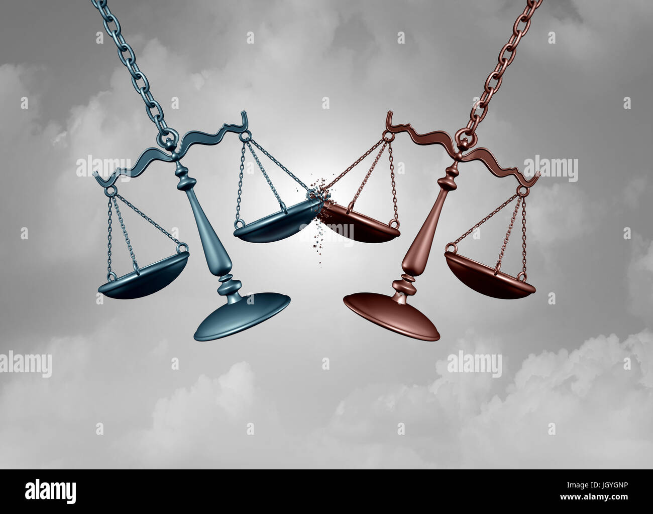 Bataille juridique collectif concept que deux échelles de la justice se battre les uns les autres comme une cour de justice lutte symbole représentant un avocat ou procureur. Banque D'Images