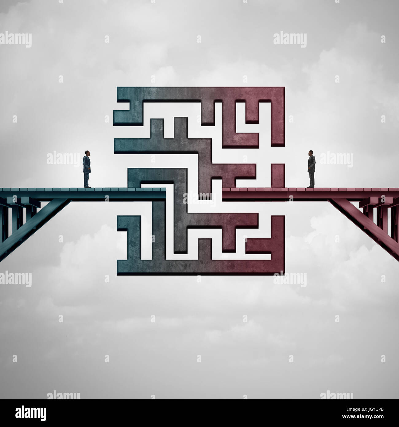 Réunion d'affaires et de communication défi concept solution comme un pont avec un labyrinthe la division de deux hommes d'affaires comme une métaphore pour l'équipe. Banque D'Images