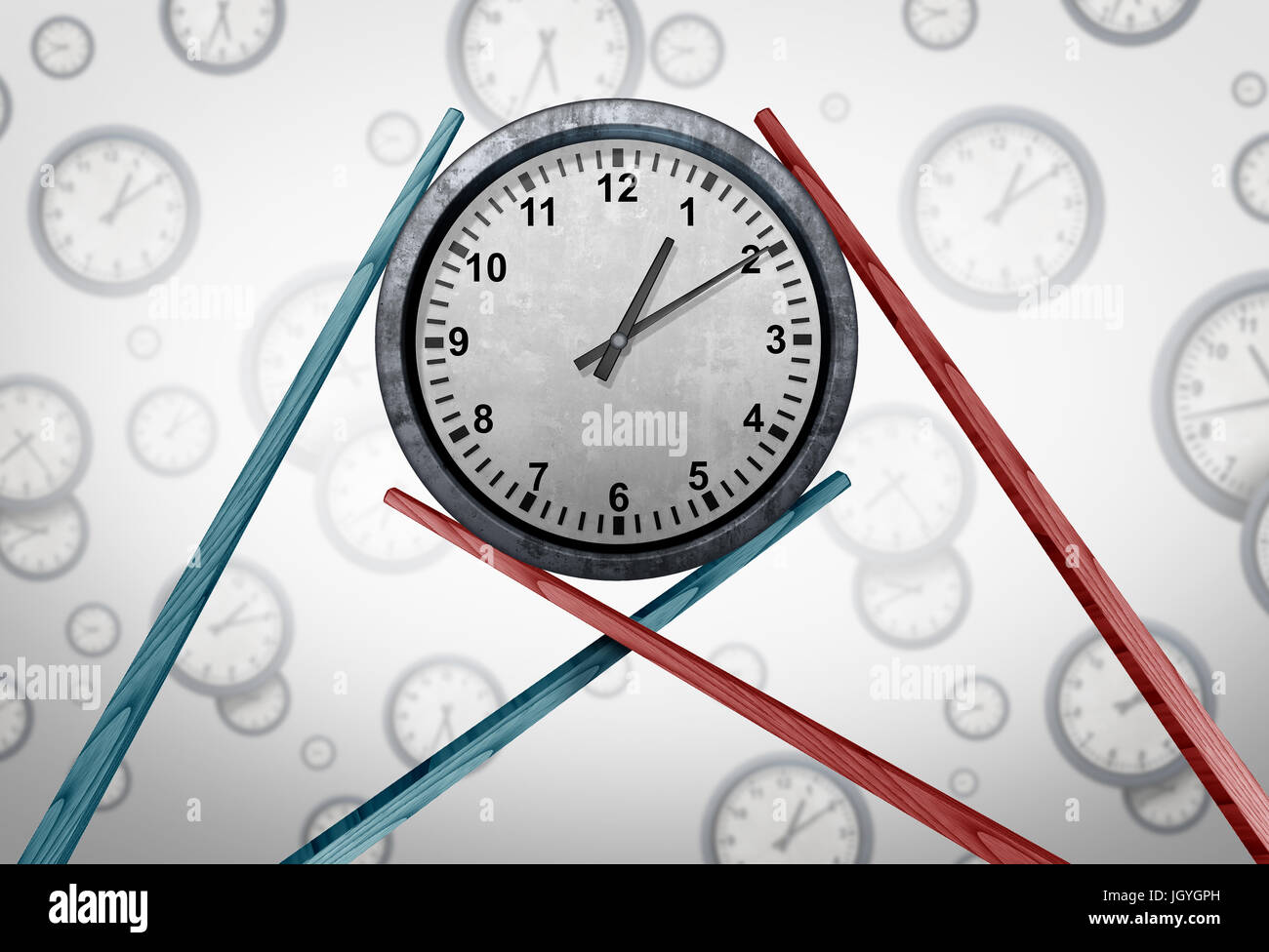Gestion de la planification et de l'Asie Asian time zone la coordination comme deux ensembles de baguettes tenant un réveil ensemble comme une réunion d'affaires. Banque D'Images