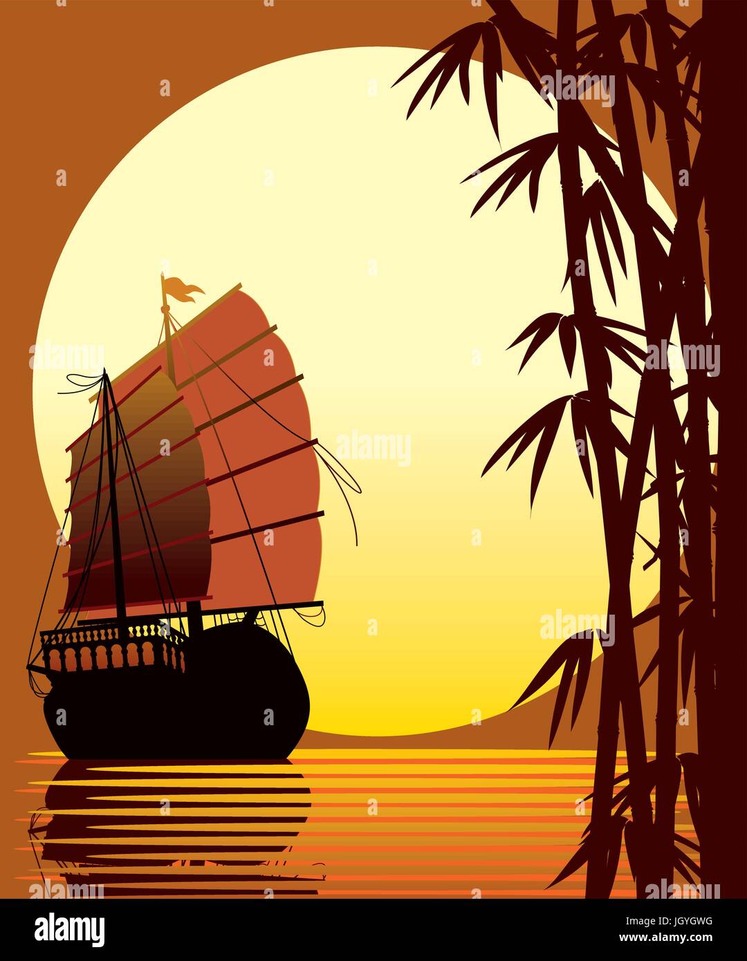 Bateau à voile, forêt de bambous, mer et soleil Illustration de Vecteur