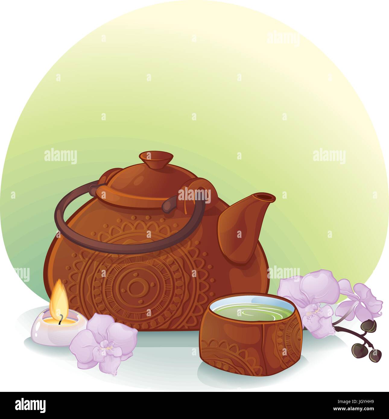 Cérémonie du thé théière en céramique avec une illustration et fleurs d'Orchidée Illustration de Vecteur